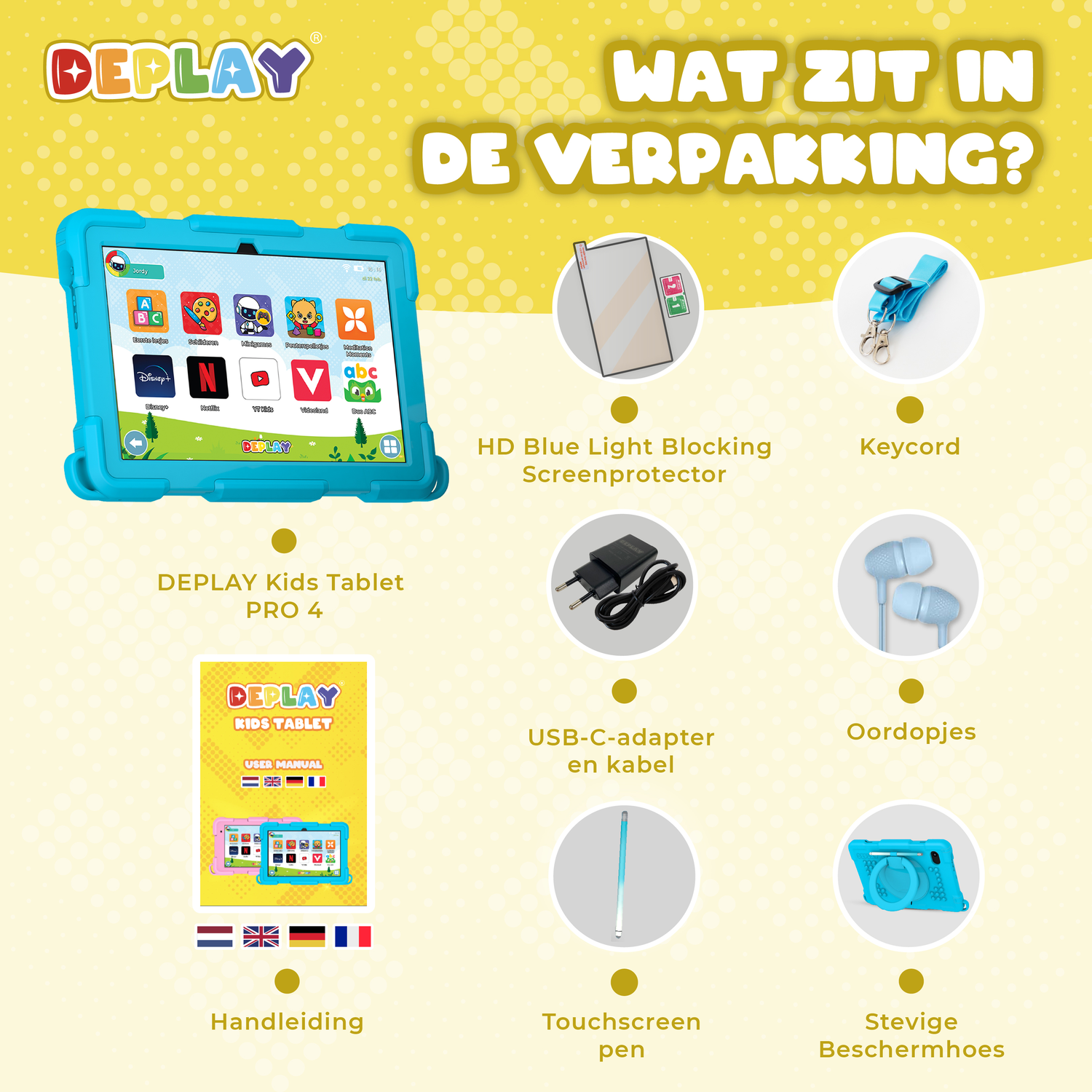 A teal tablet with accessories including a stylus, charger, and headphones.