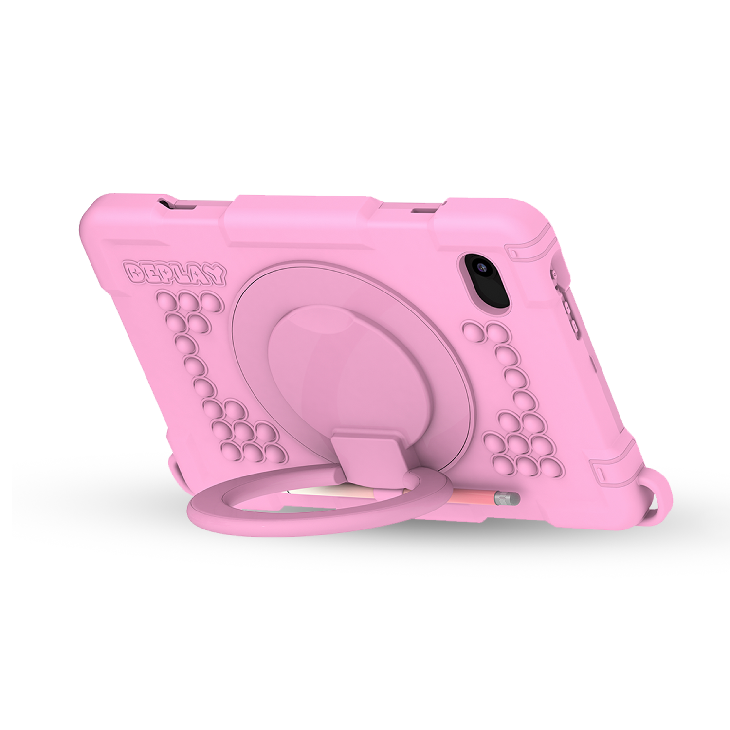 Housse de tablette rose avec un porte-anneau et un porte-crayon. La housse est sur fond blanc.