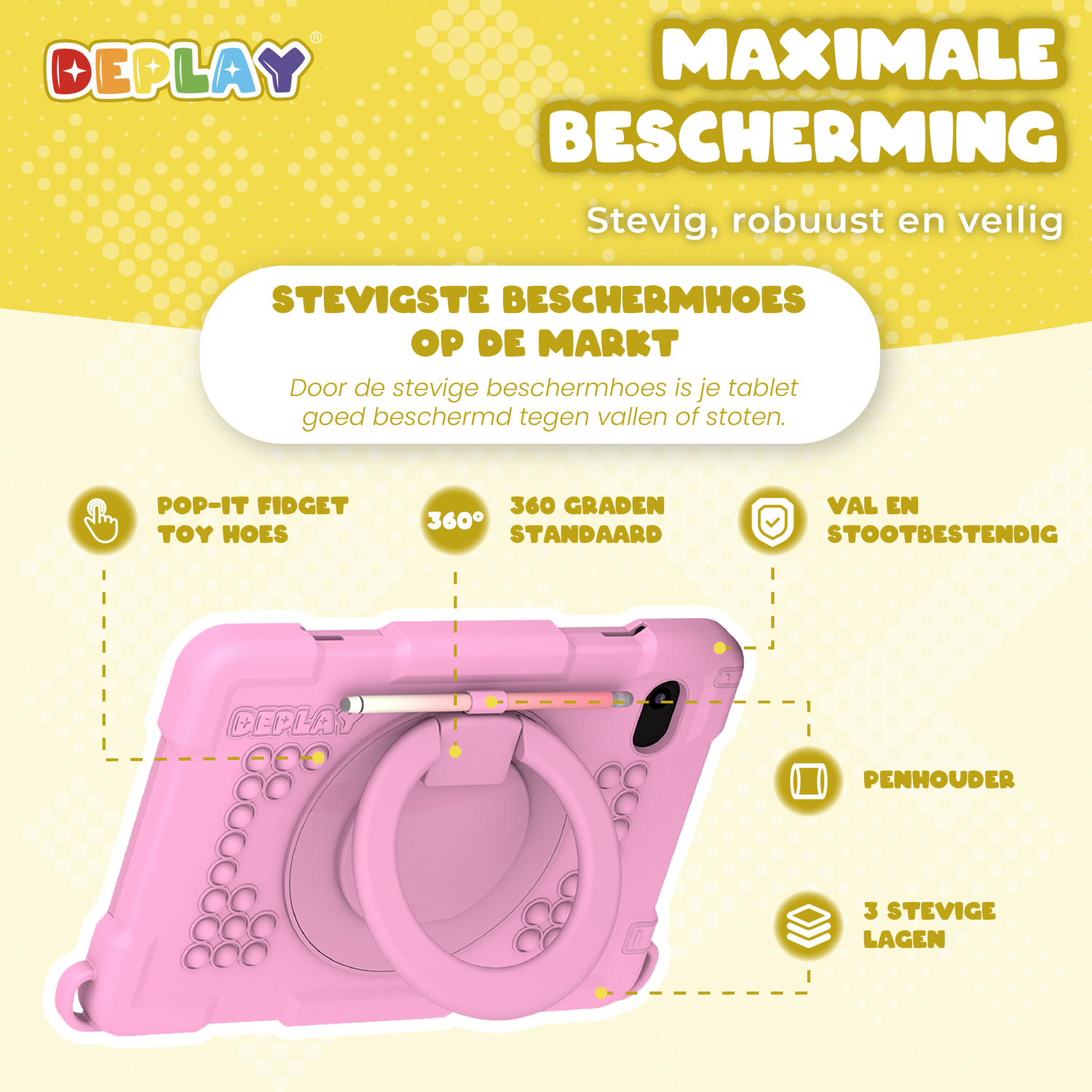 Pink tablet case with a ring holder and pop-it toy. Text mentions strong protection.