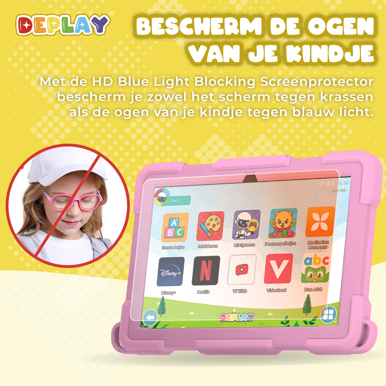 Pink tablet with blue light protection screen, and a girl with glasses.