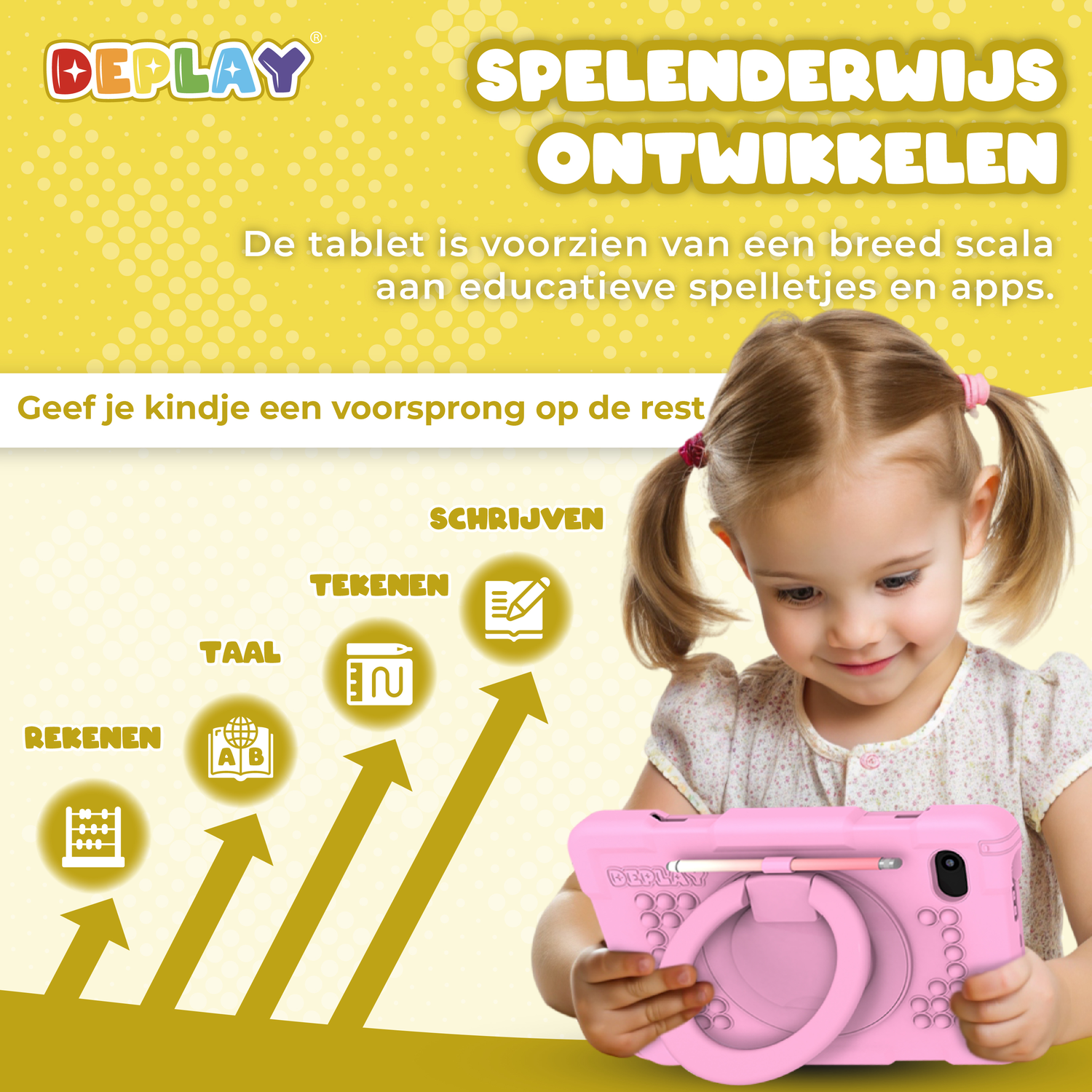 A pink tablet with a stylus and a child.
