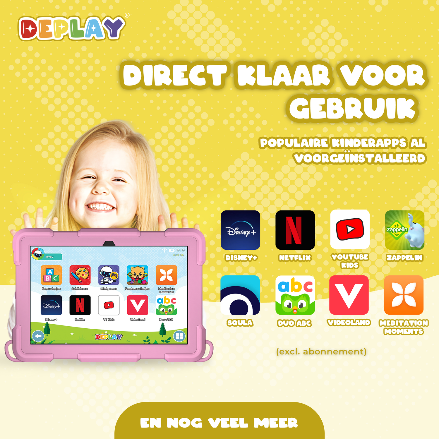 Pink tablet with children's apps on screen, logo, and text in background.