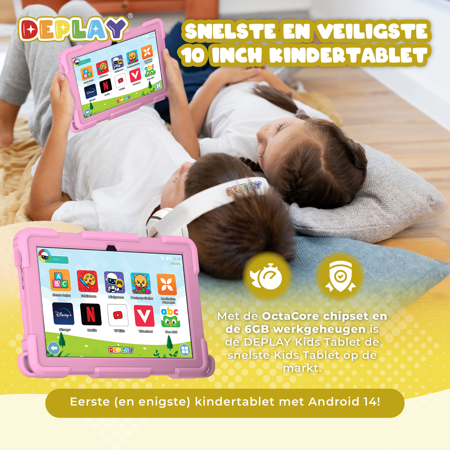 Two children with tablets. A pink tablet is in the foreground showing app icons. The background is a bed.