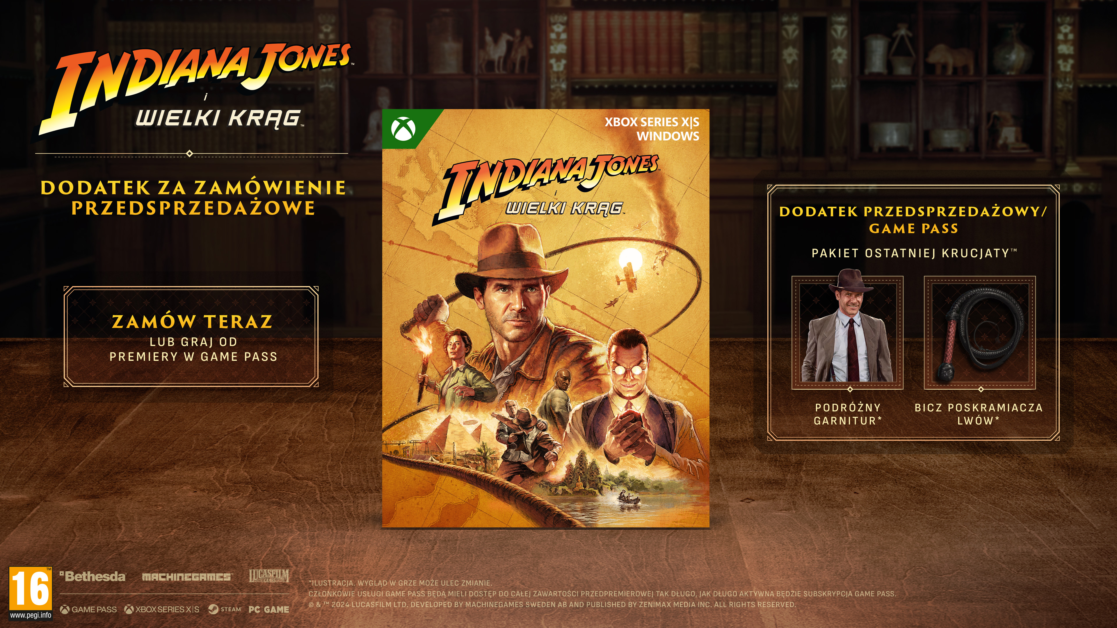 Pudełko gry wideo Indiana Jones. Widoczne logo Xbox Series X|S i Windows.