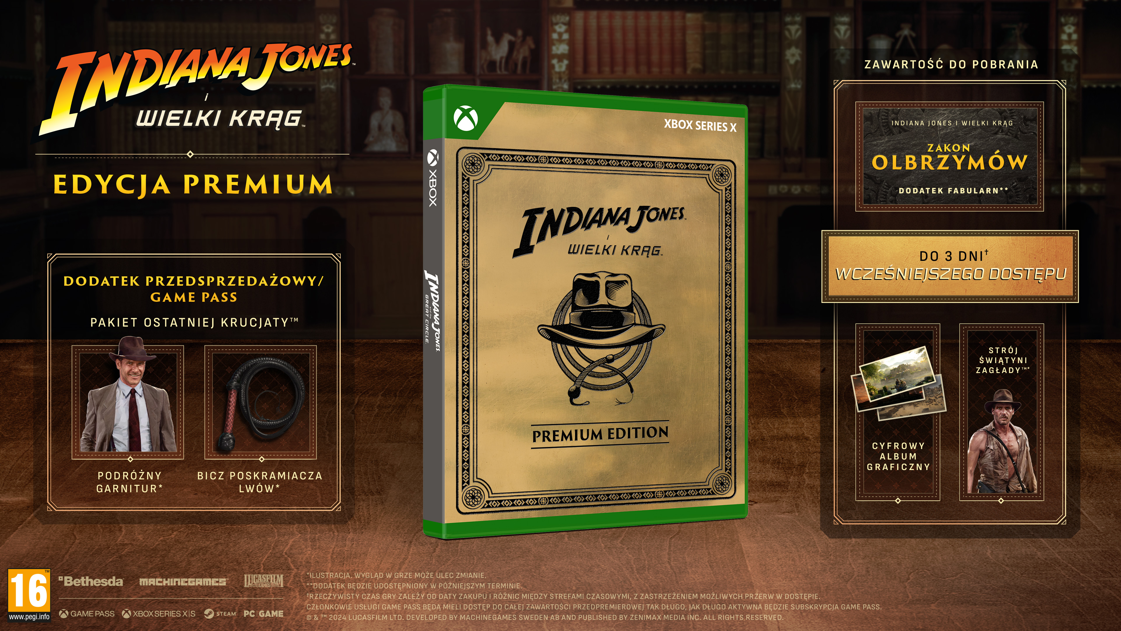 Pudełko z grą Indiana Jones Xbox Series X z etykietą edycji premium i szczegółami zawartości dodatkowej.