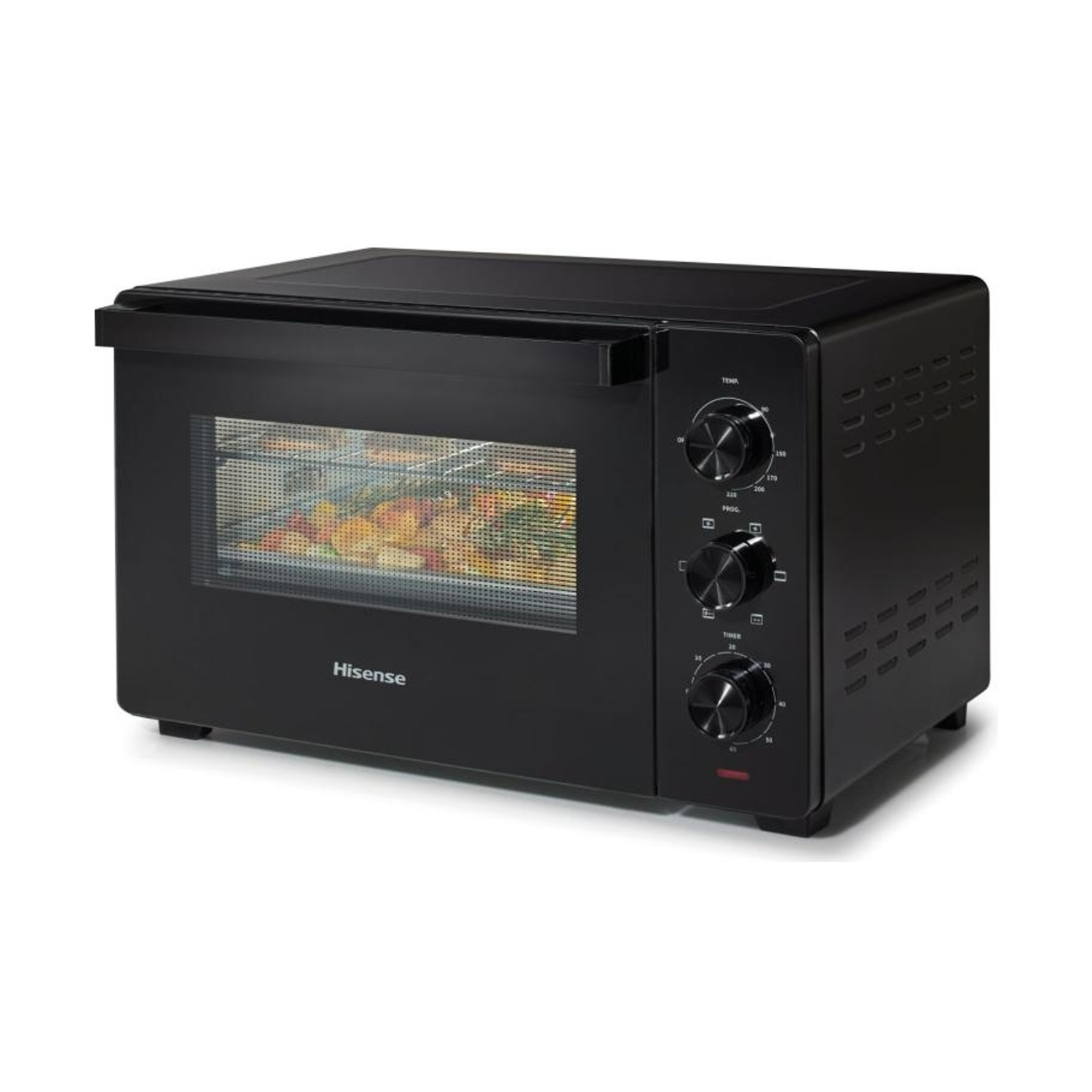 Un forno a microonde nero con una finestra che mostra il cibo all'interno e manopole di controllo sul lato destro.