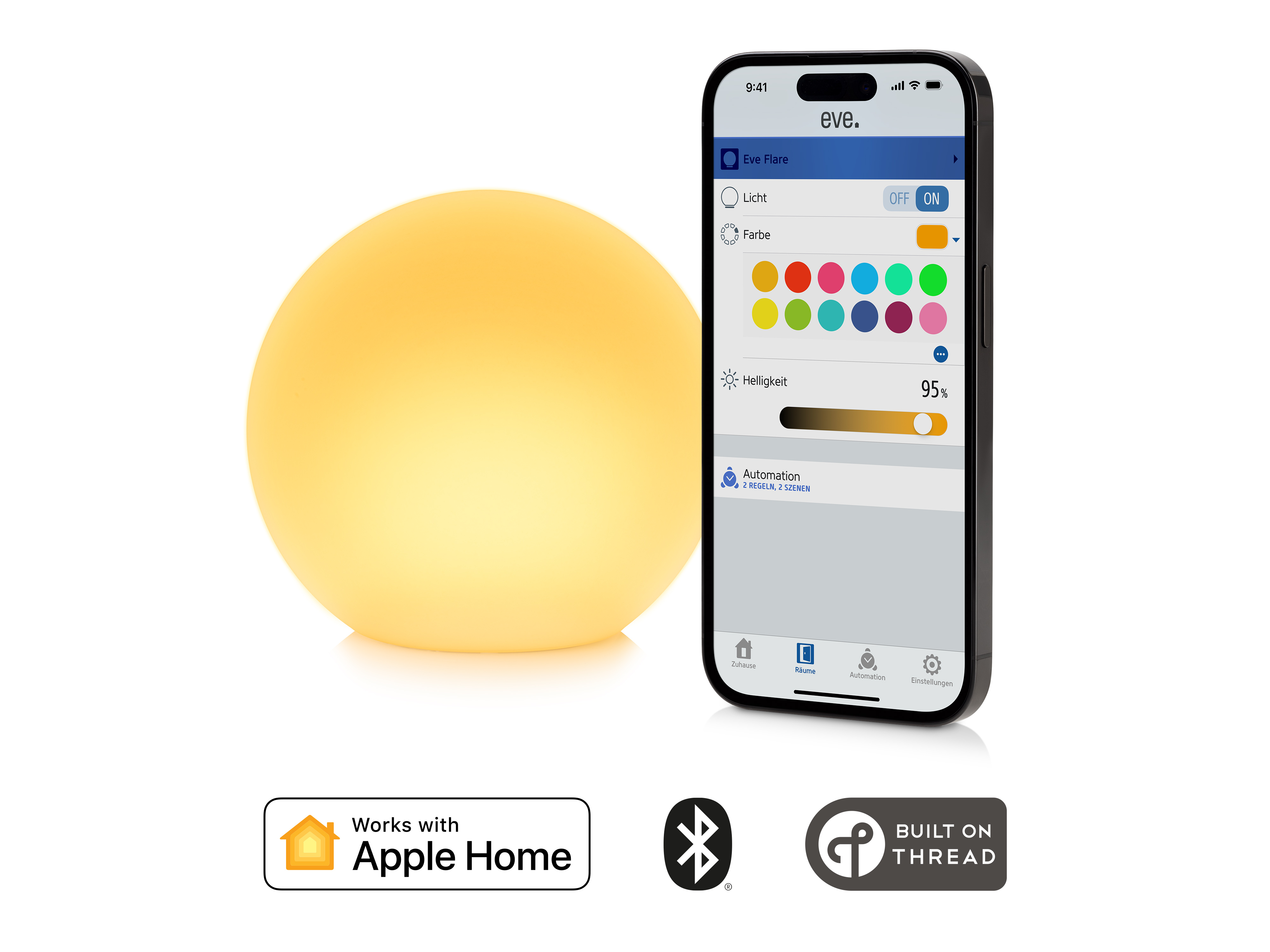 Ein leuchtender Ball mit Smartphone, das Gerätebedienelemente zeigt.