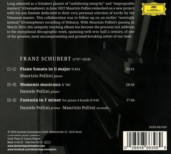 Rückseite einer Franz Schubert CD, mit Text und einem Deutsche Grammophon Logo.