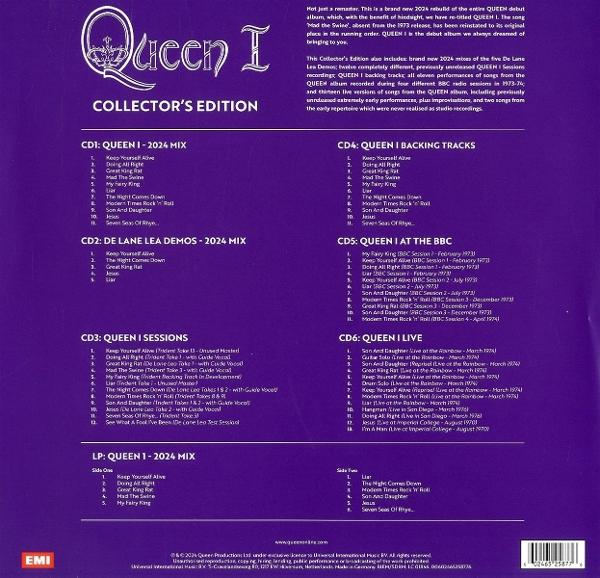 Pochette de l'album Queen I Collector's Edition avec texte et photo du contenu de l'album.