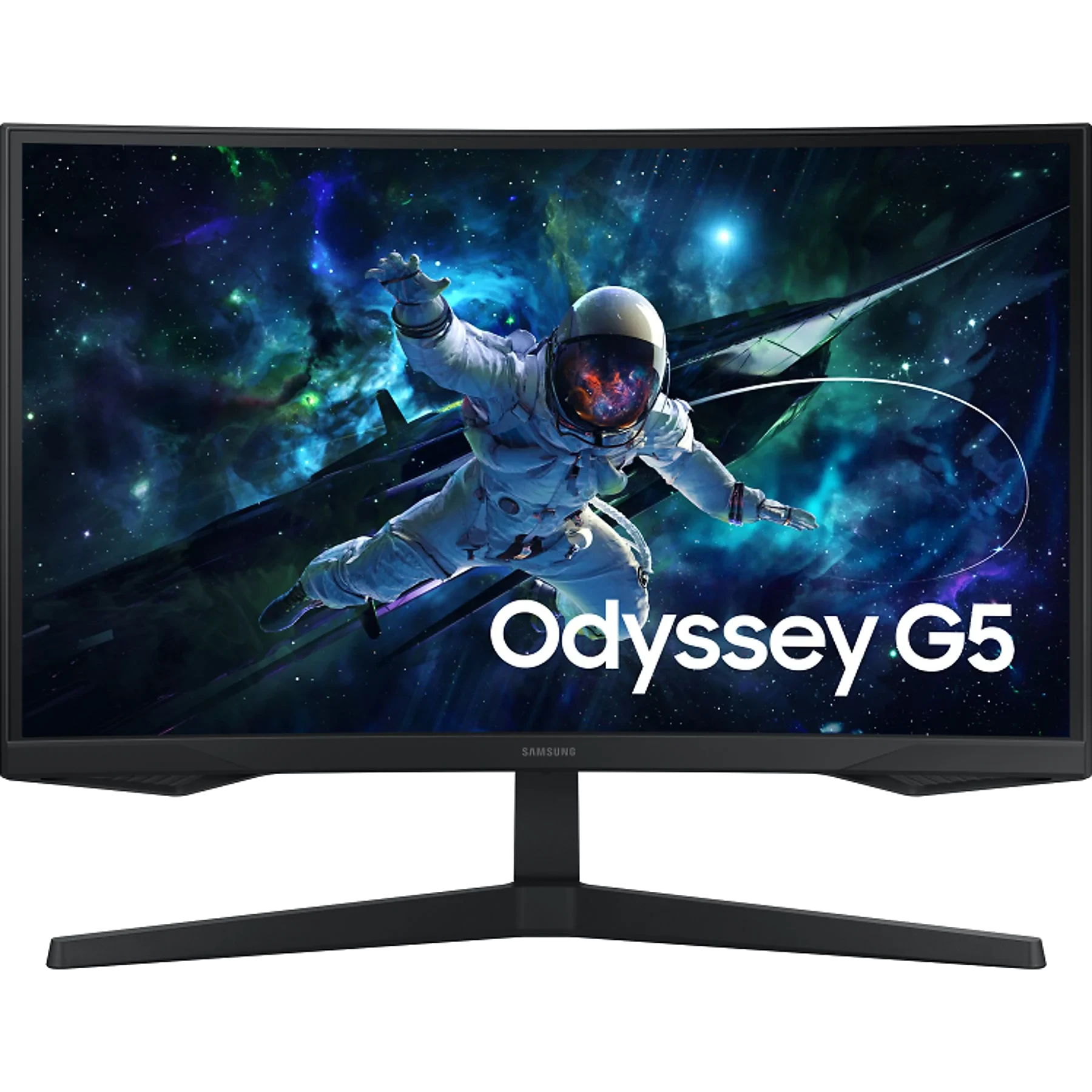 Siyah Samsung Odyssey G5 monitör, uzayda bir astronot gösteriyor.