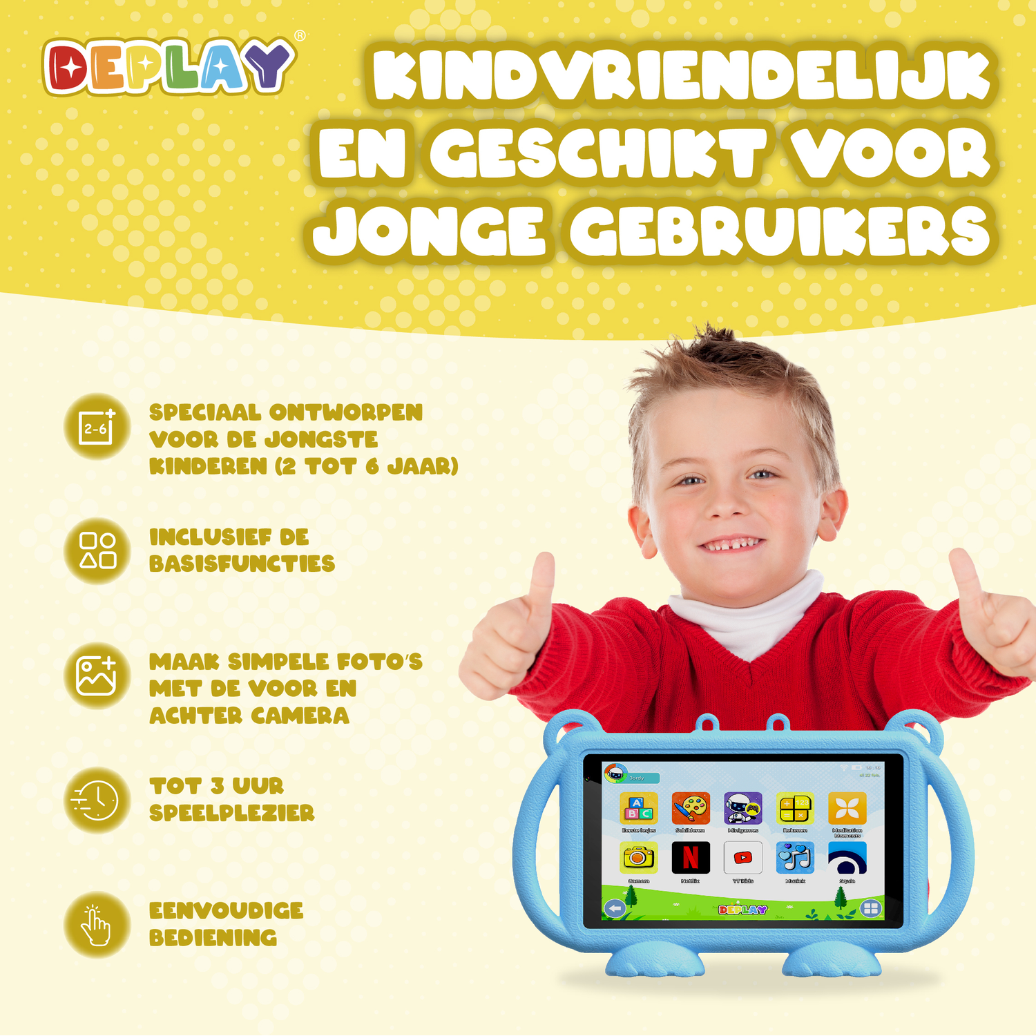 A boy holding a blue tablet with various app icons, text in Dutch, white background.
