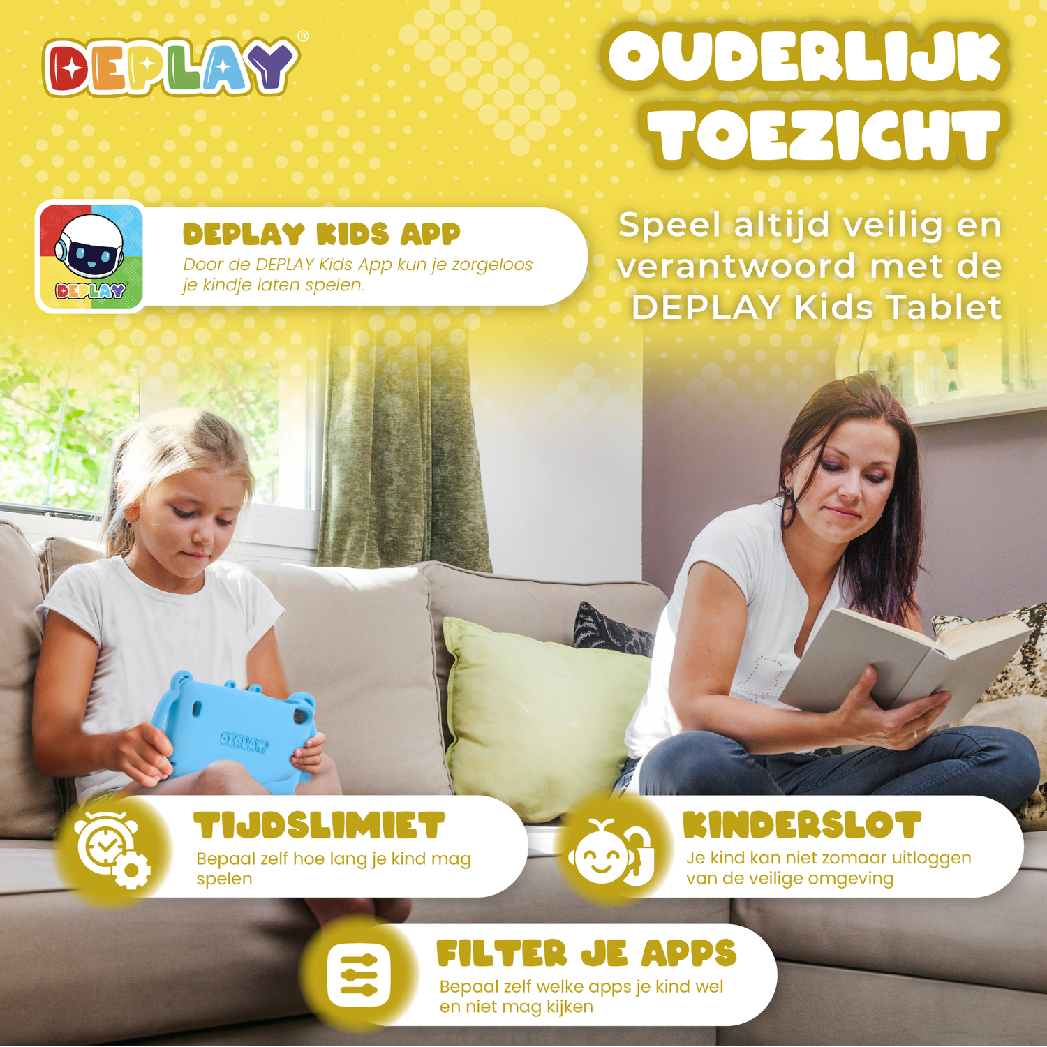 Image showing tablet and woman reading, plus icons about time and apps.