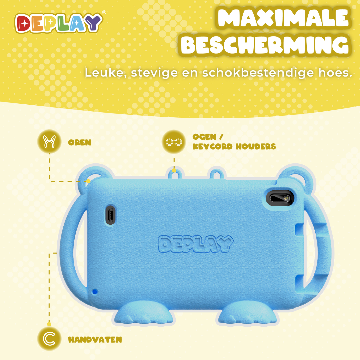 A blue tablet case shaped like a bear. It has handles, ears, and feet.
