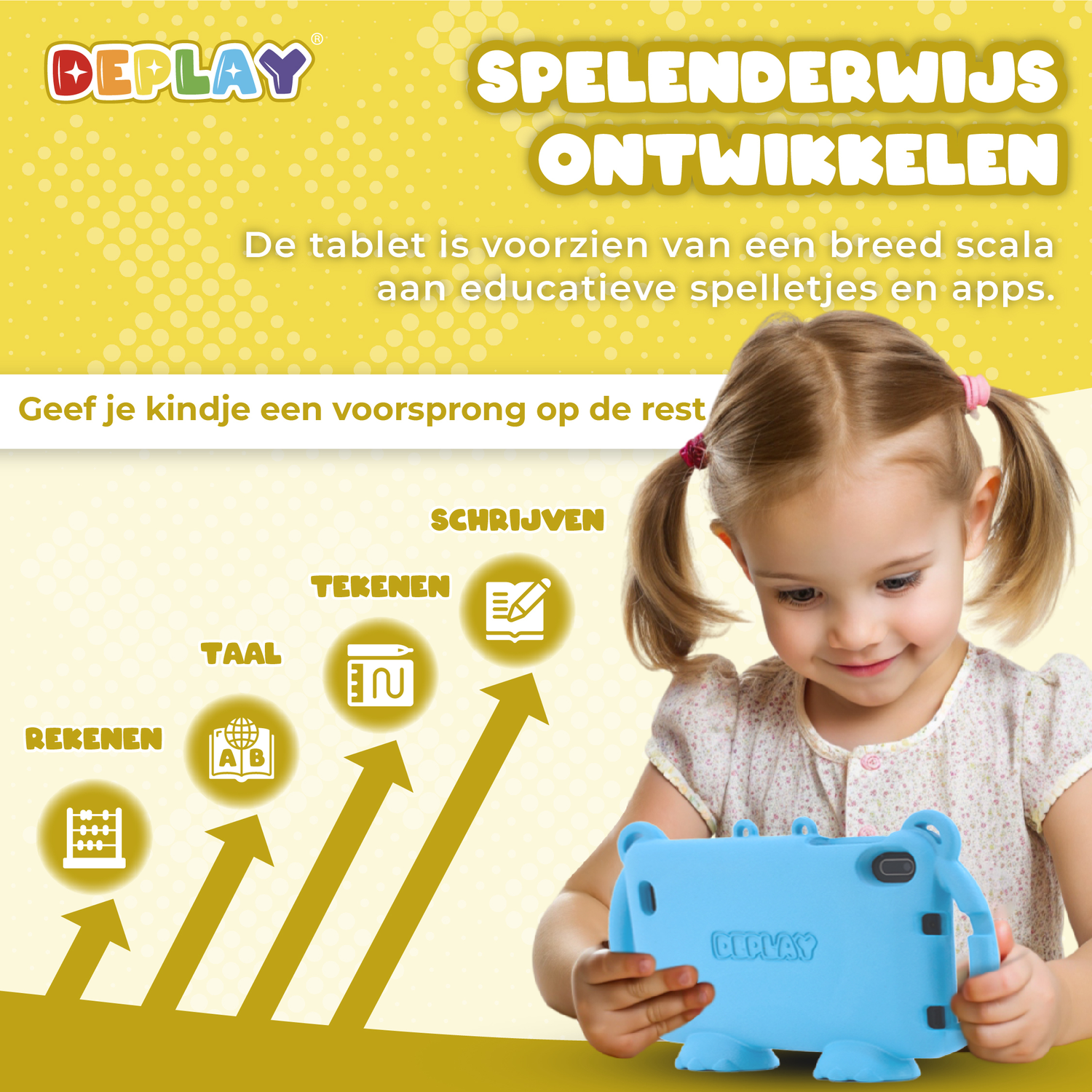 A little girl with a blue tablet and graphics about learning.