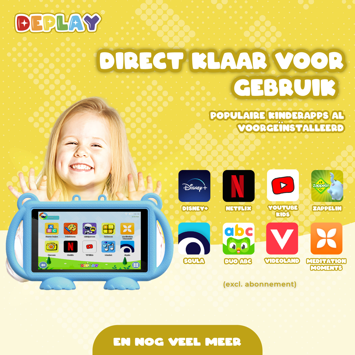 Child holding a tablet, showing apps. Colorful background with text.