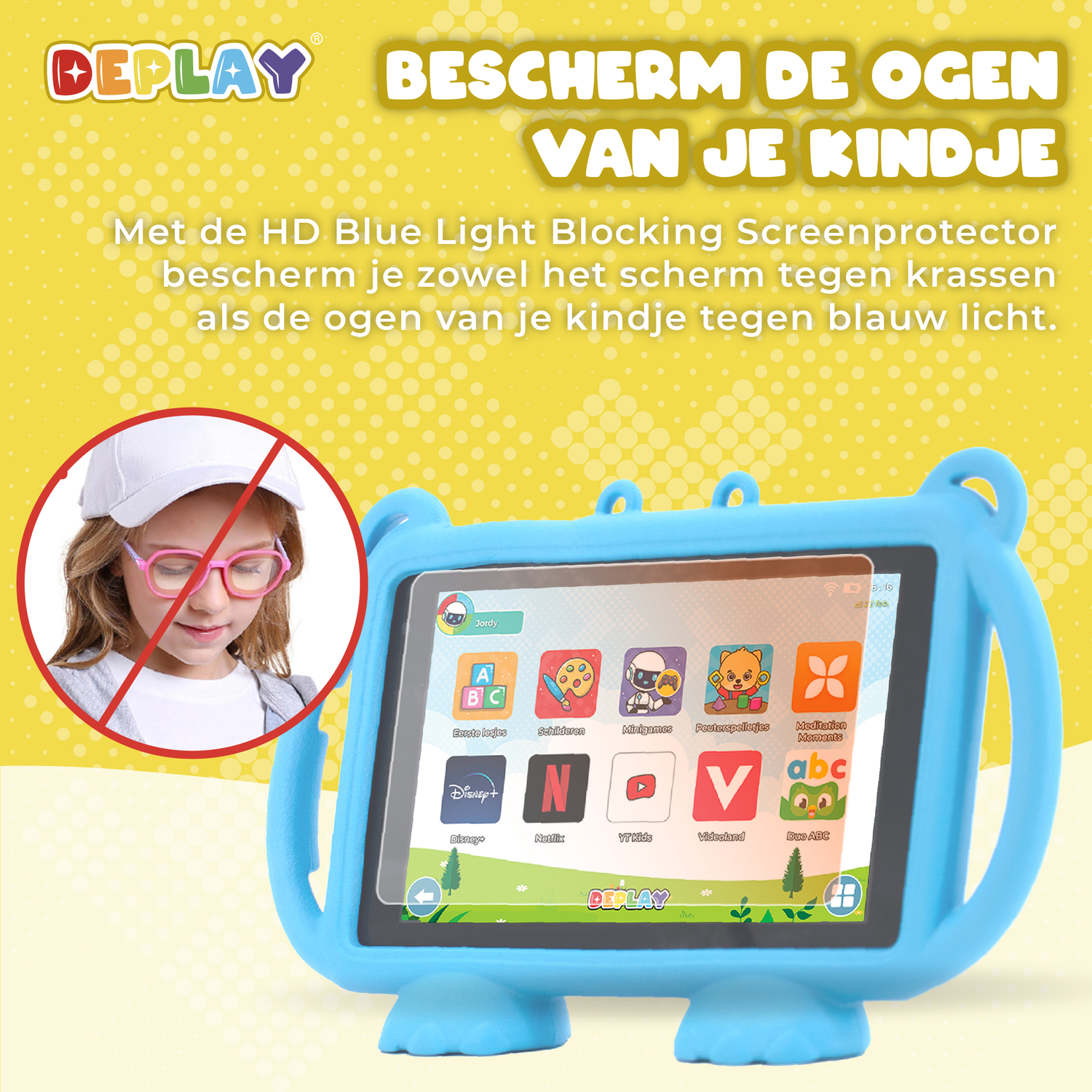 A child with a tablet with a blue case and a screen protector. Text about screen protection is visible.