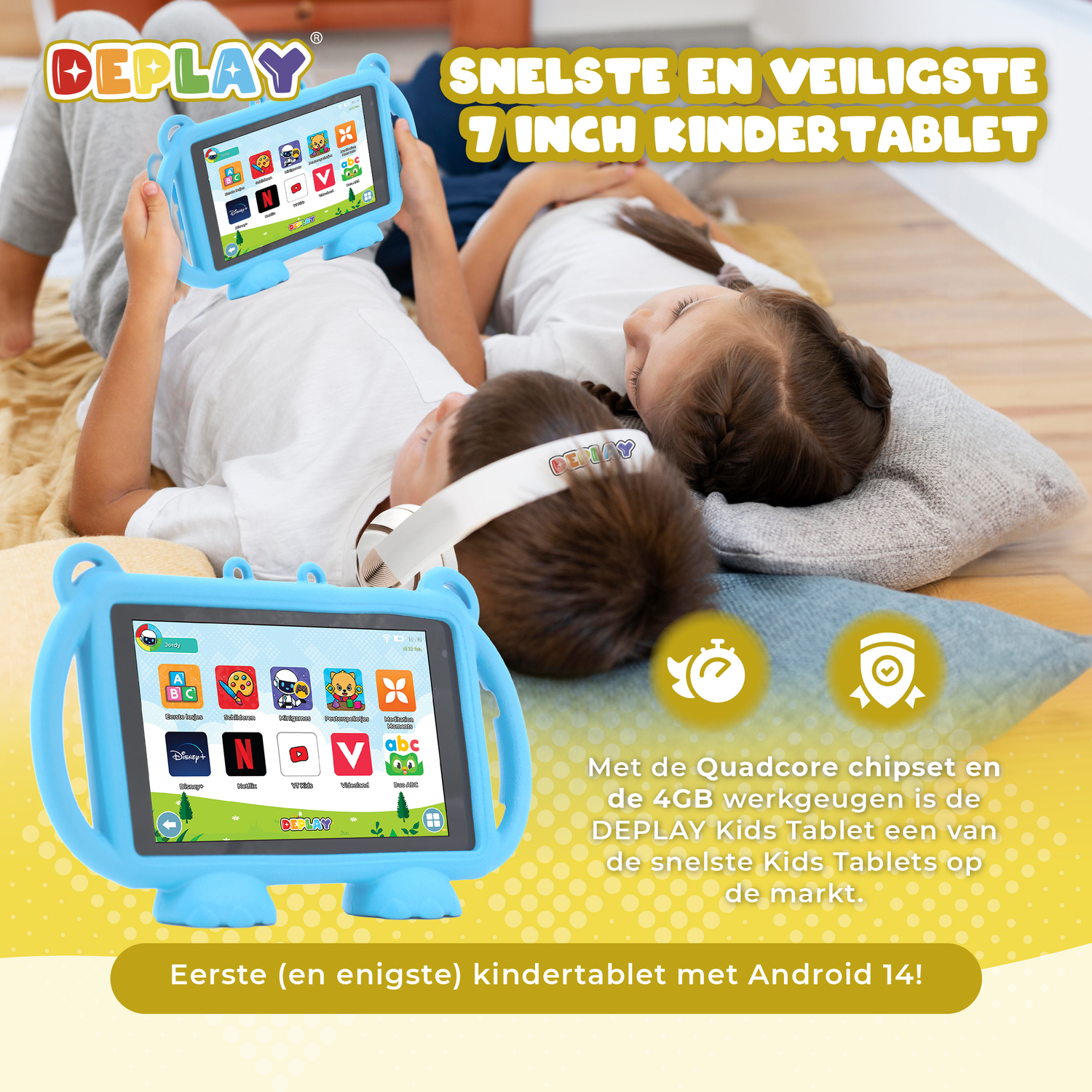 Two kids with blue tablets. Text: 'Fastest and safest 7-inch kids tablet'.