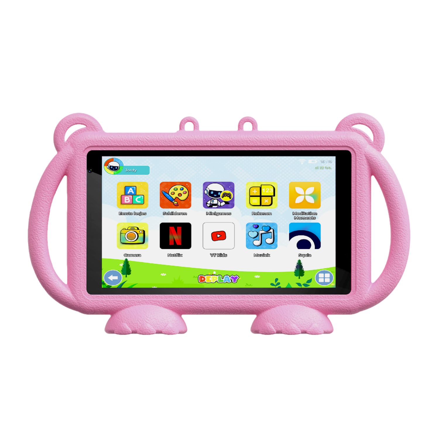 Roze kindertablet met een cartoon-achtige hoes, met apps en een digitale klok.