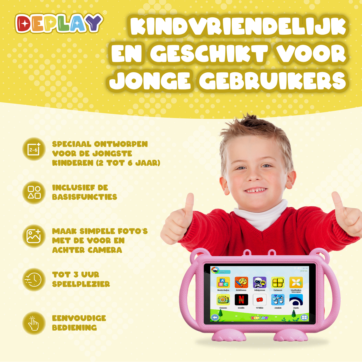 Een jongen met een roze tablet. Tekst over de tabletfuncties is zichtbaar.