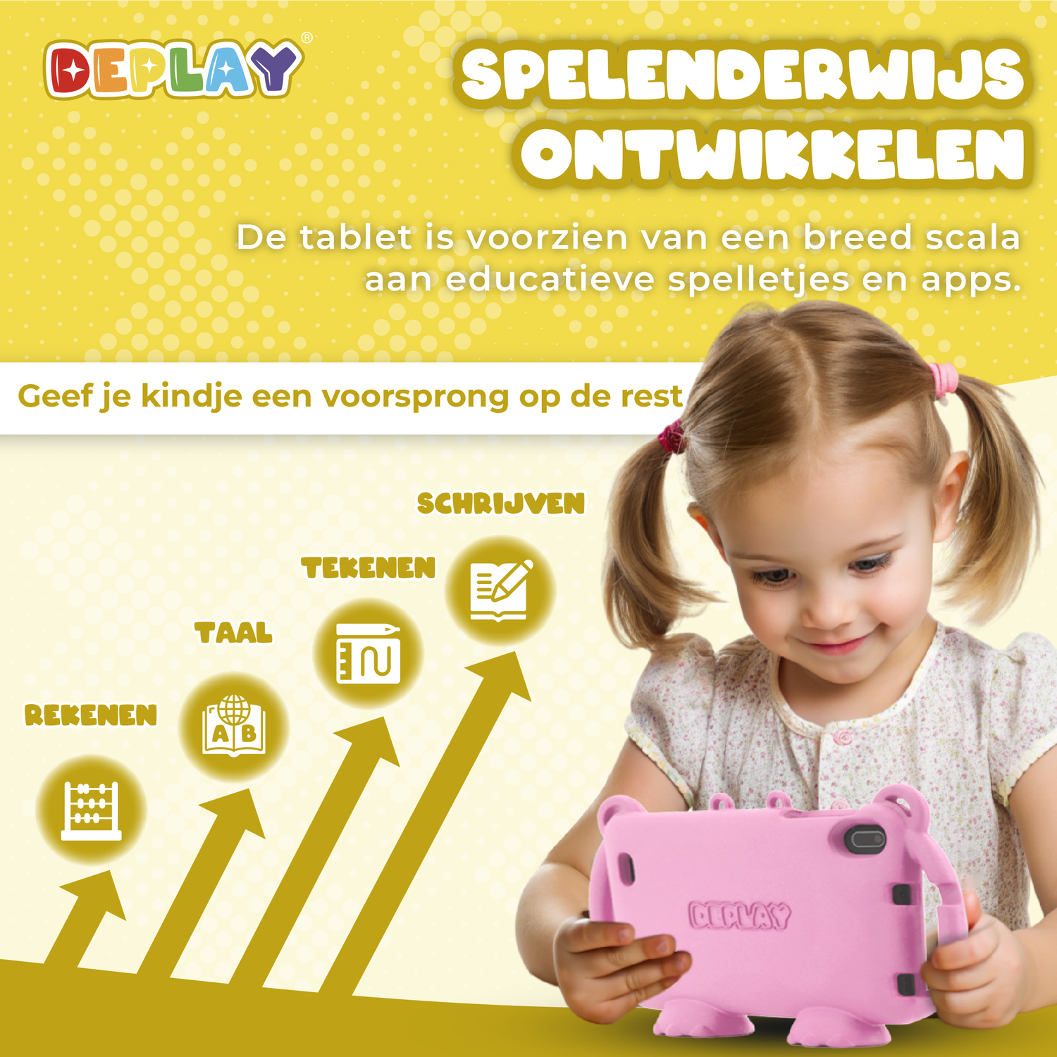 Een meisje houdt een roze tablet vast, met educatieve pictogrammen.