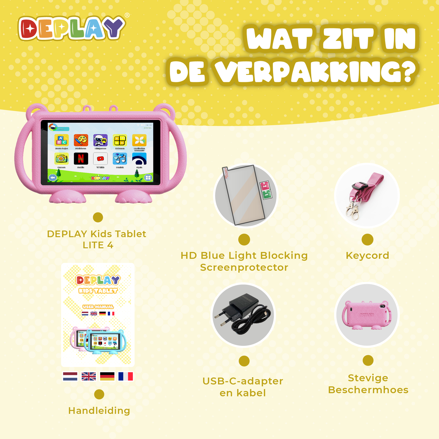 Roze tablet met accessoires, waaronder een schermbeschermer en kabel.