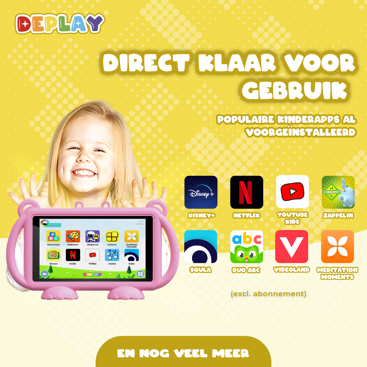 Een roze tablet toont kinder-apps, omringd door de handen van een meisje. Pictogrammen van apps zoals Netflix en Disney+.