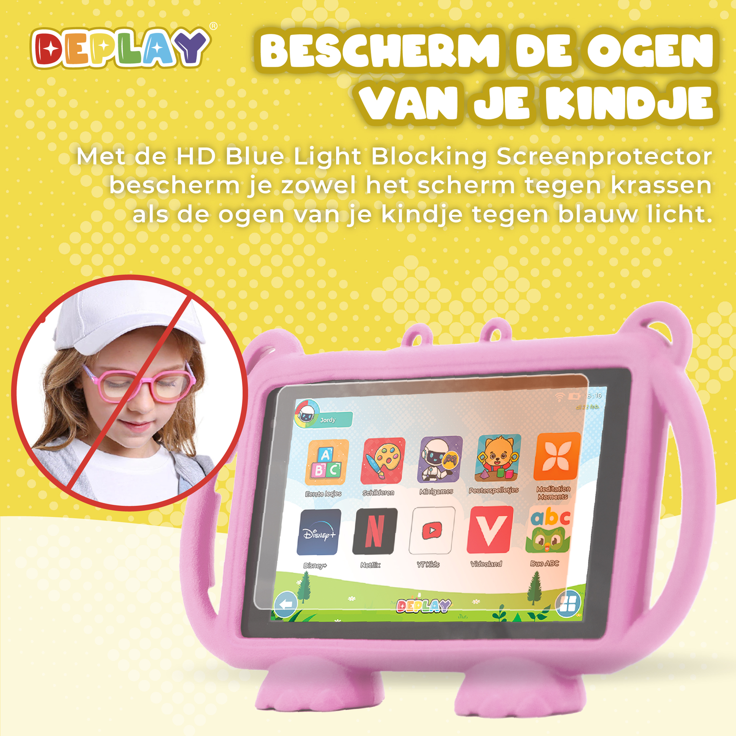 Een roze tablet met een jong meisje met een roze bril, omringd door tekst.