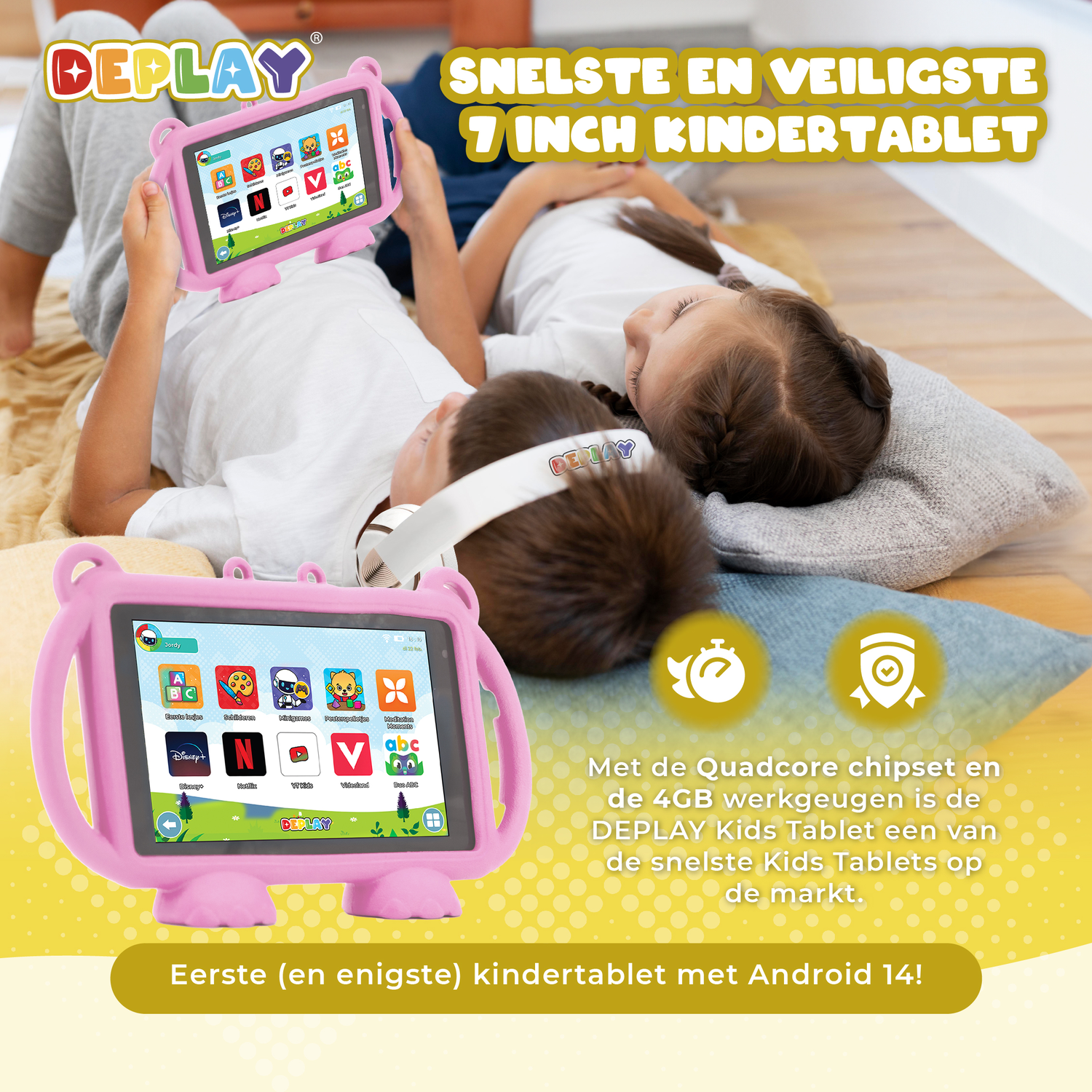 Twee kinderen met een roze tablet, de tekst zegt: snelste en veiligste 7 inch kindertablet.