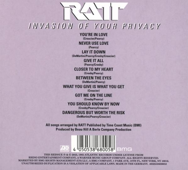 CD-Cover: 'Invasion of Your Privacy' von Ratt. Trackliste und Bandlogo sichtbar.