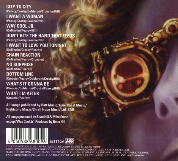 Die Rückseite einer CD, mit einer Titelliste und Text links und einer Illustration rechts.