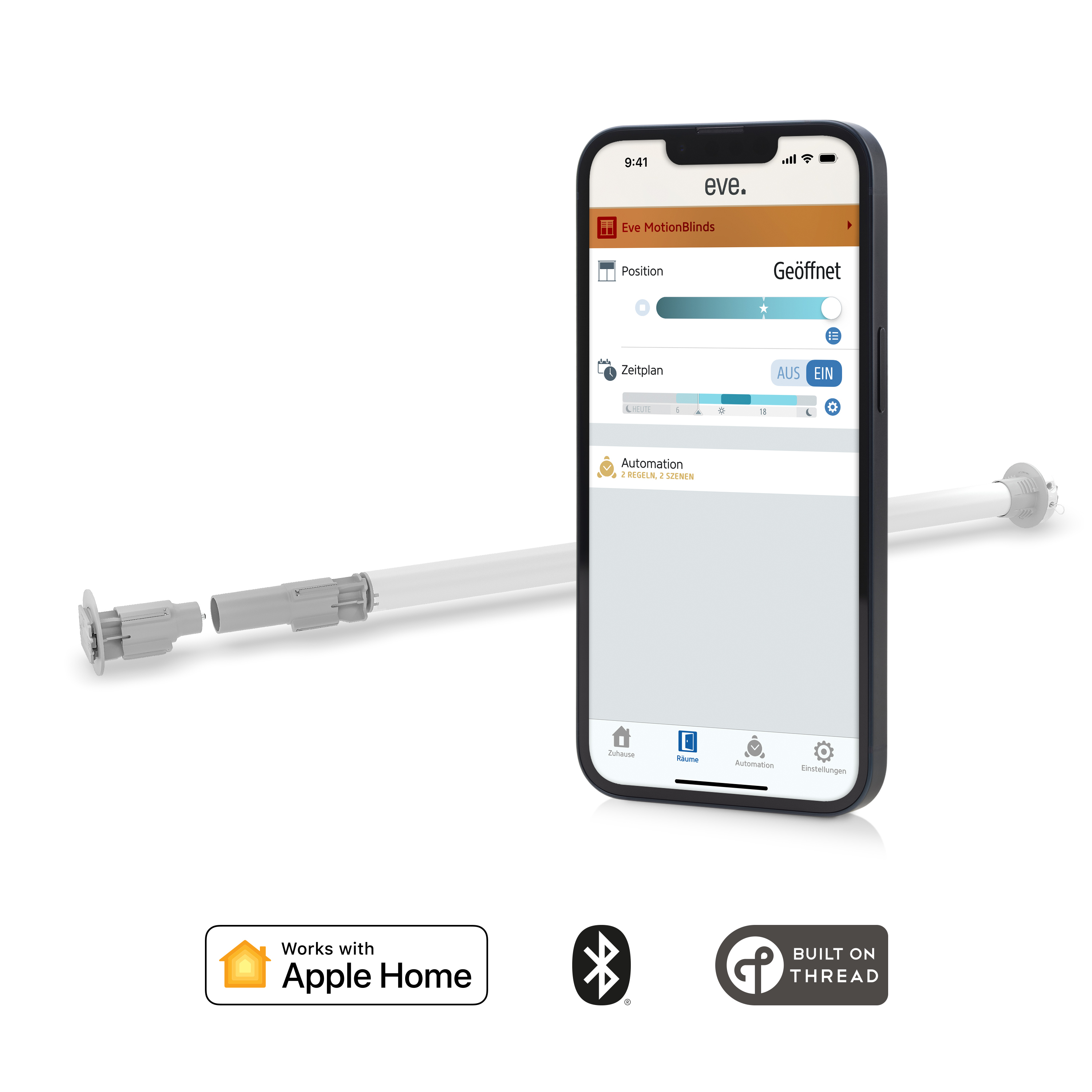 Smartphone mit Smart-Home-App, verbunden mit weißem Jalousiensystem, Apple Home Logo.