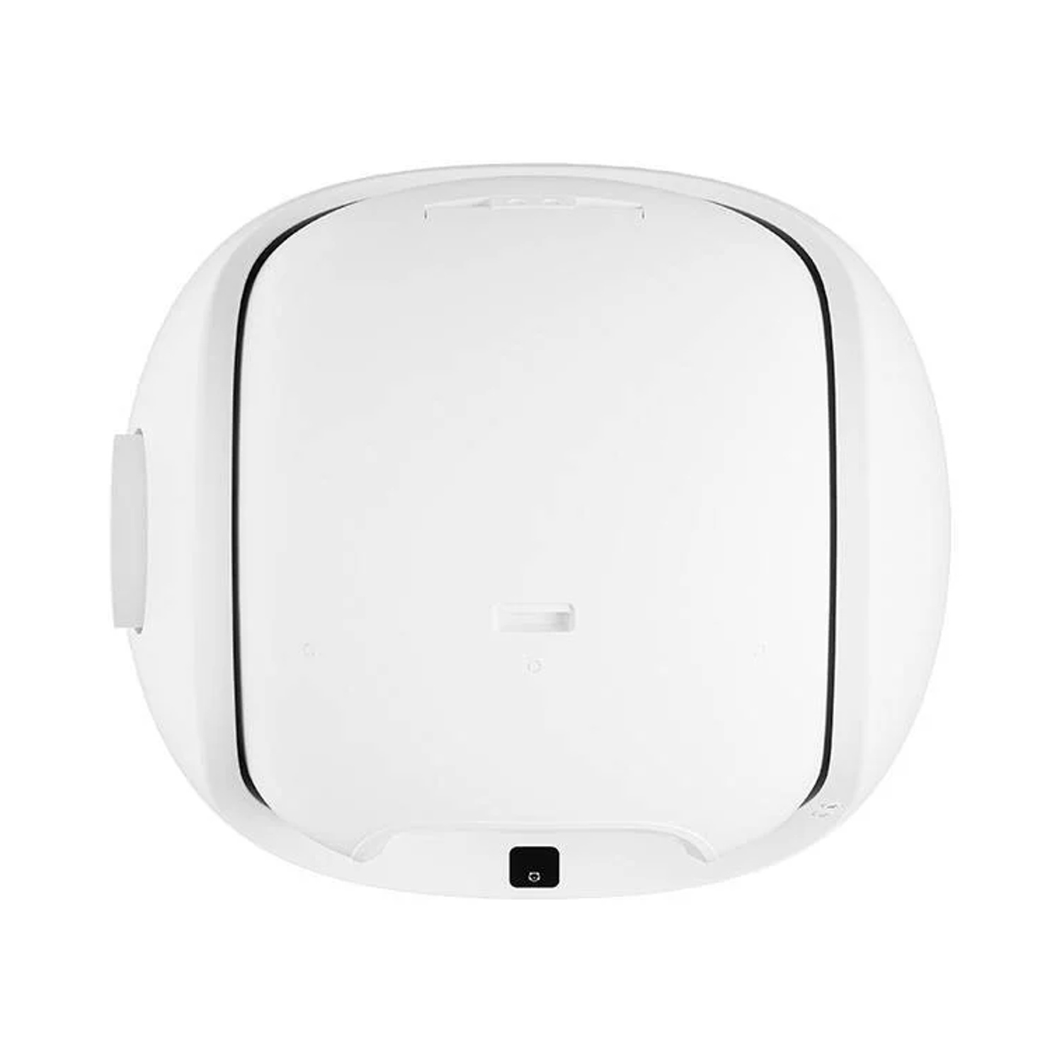 Un oggetto bianco di forma ovale con bordo nero e fessura sul lato destro.