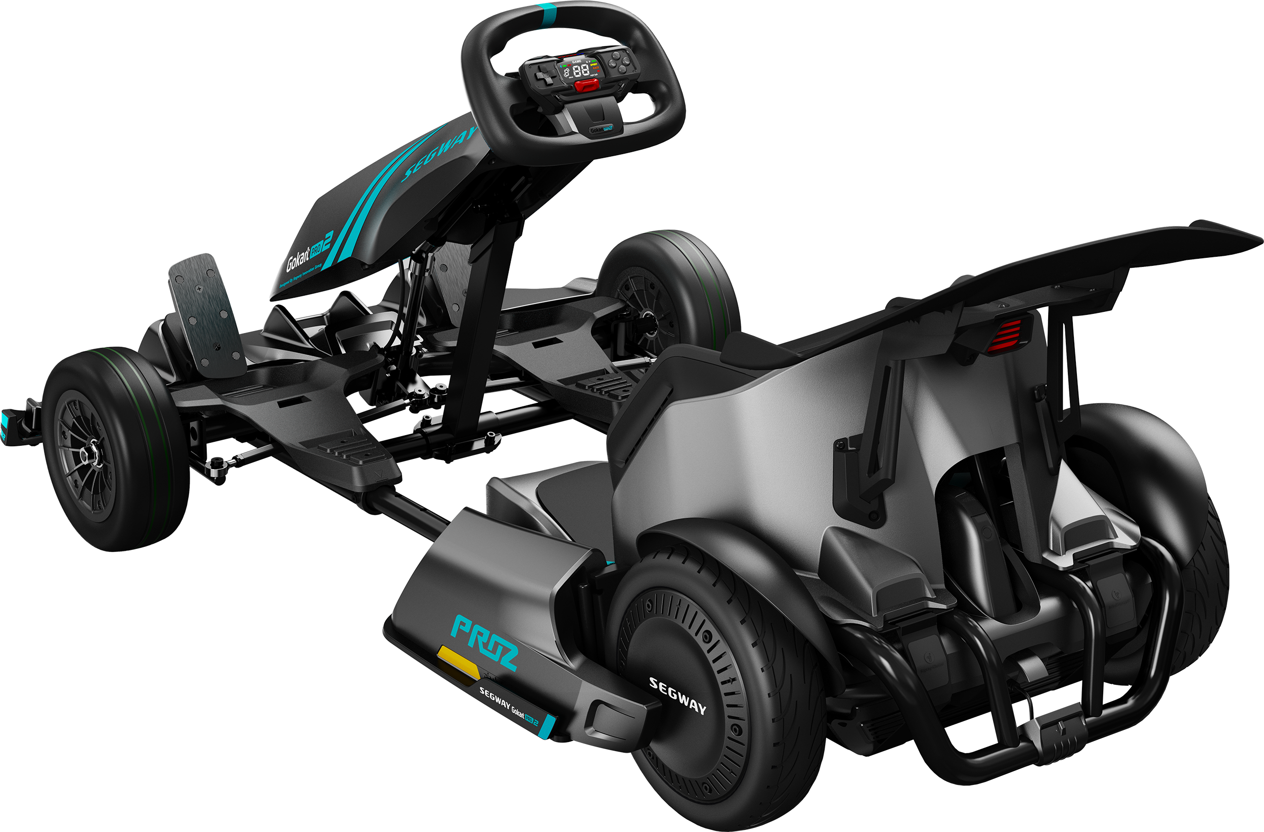 Egy Segway Ninebot gokart. Fekete, szürke és kék színek, kormánykerékkel.