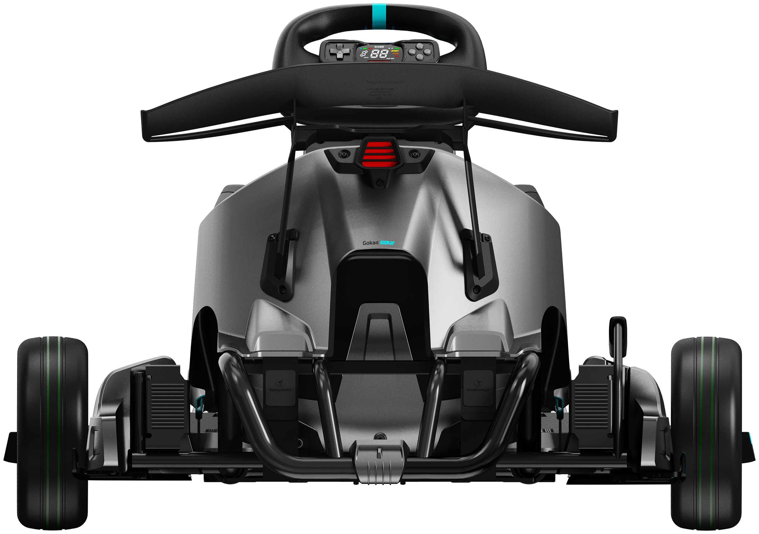 Fekete-szürke gokart alacsony szögből. Az első kerekek zöldek és láthatók.