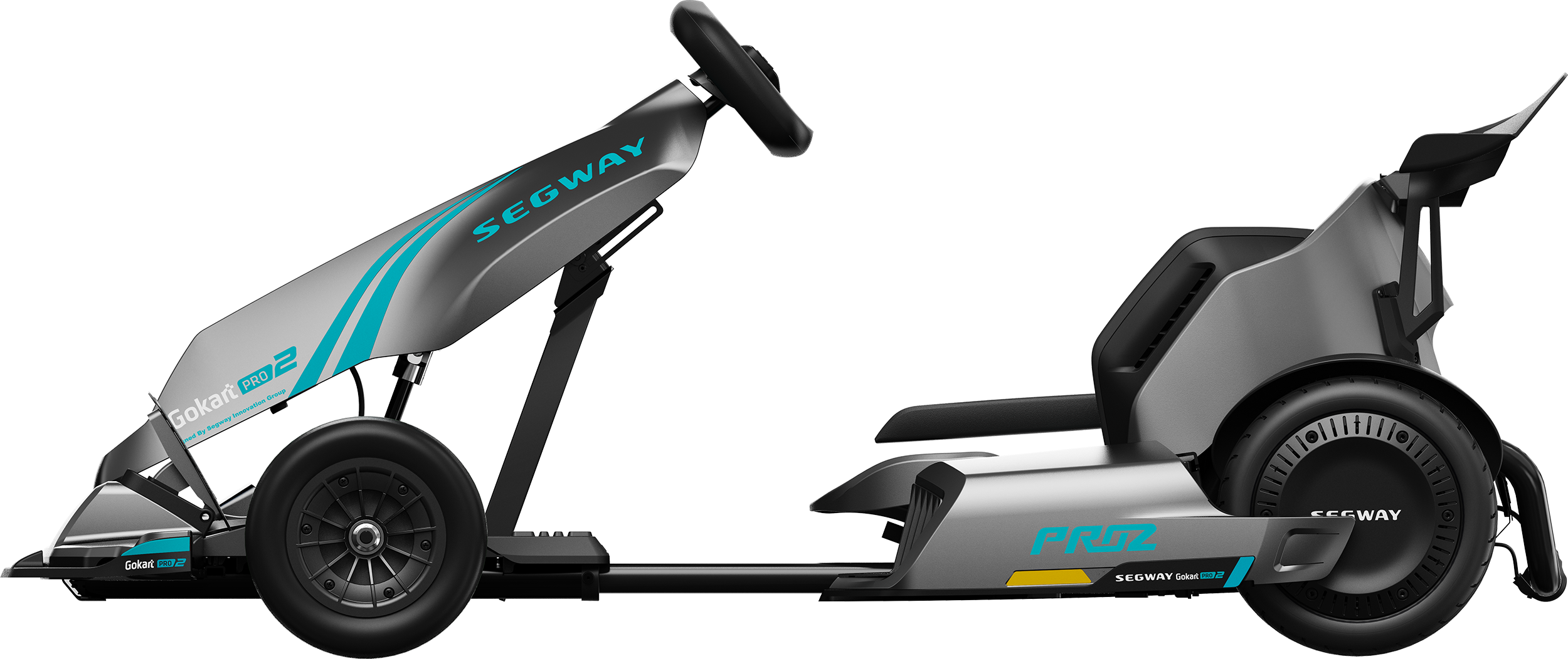 Szürke Segway Gokart PRO 2, fekete kerekekkel és fekete üléssel, oldalról nézve.