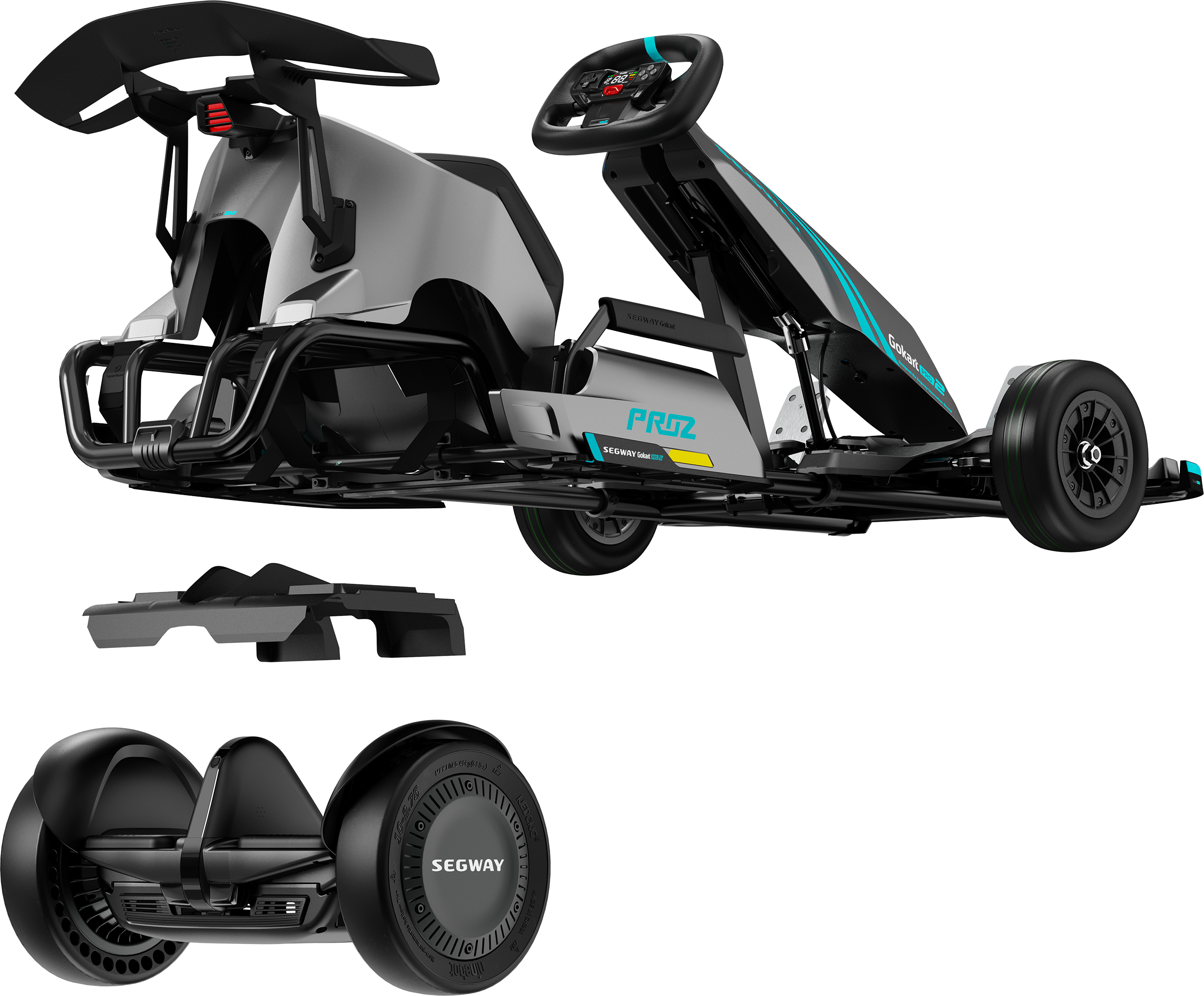 Fekete-szürke Segway kart, hozzá rögzített hoverboarddal.