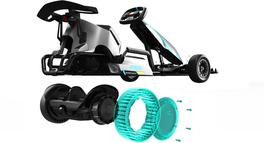Gokart szétválasztott alkatrészekkel. A kerekek, a motor és a karosszéria látható.
