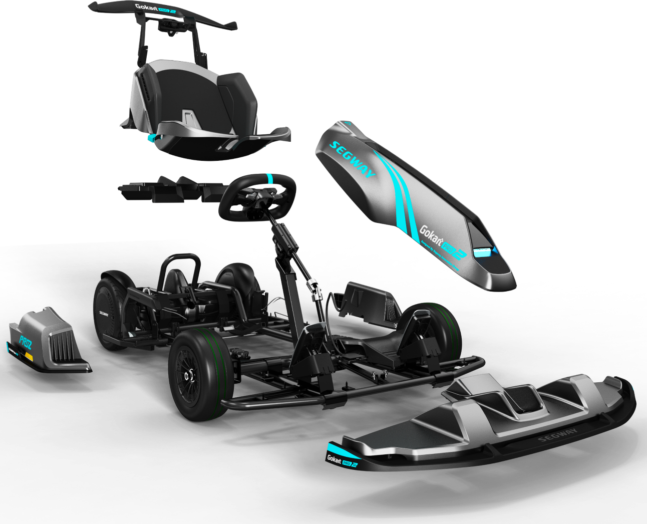Szétszerelt Segway Gokart. A termék összes alkatrészét mutatja, fekete háttér.