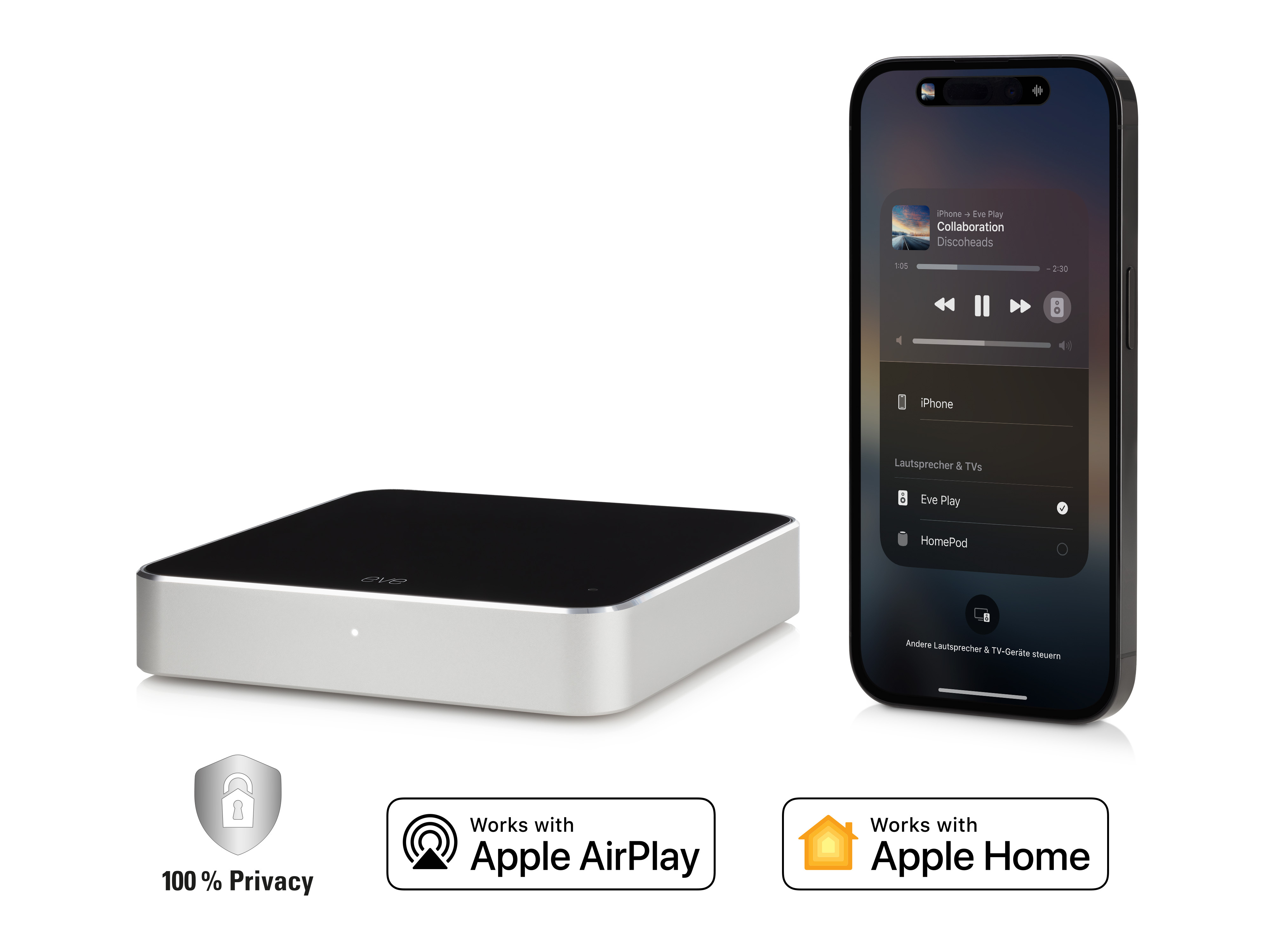 Ein schwarzes quadratisches Mediengerät, ein iPhone und Apple AirPlay-Logo.