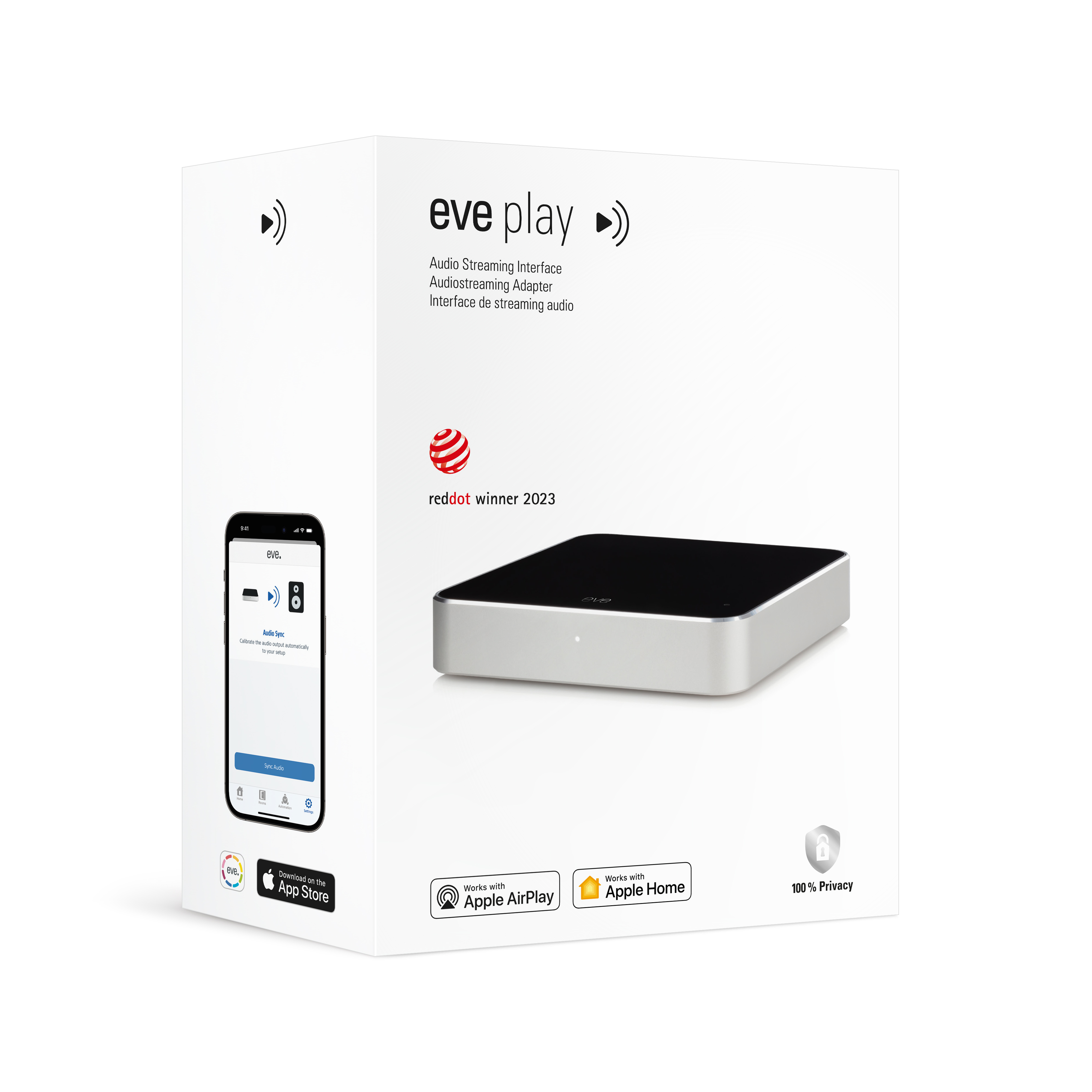 Eine weiße Box mit dem 'eve play'-Logo, einem Audio-Streaming-Gerät und einer Telefon-App-Anzeige.