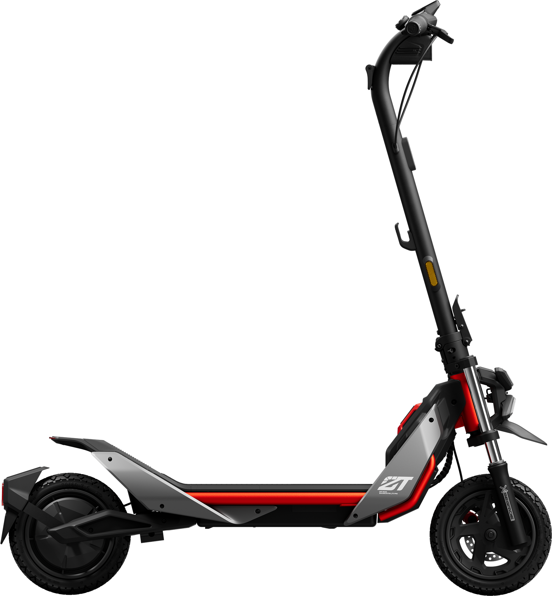 Fekete-piros elektromos roller, oldalnézet.