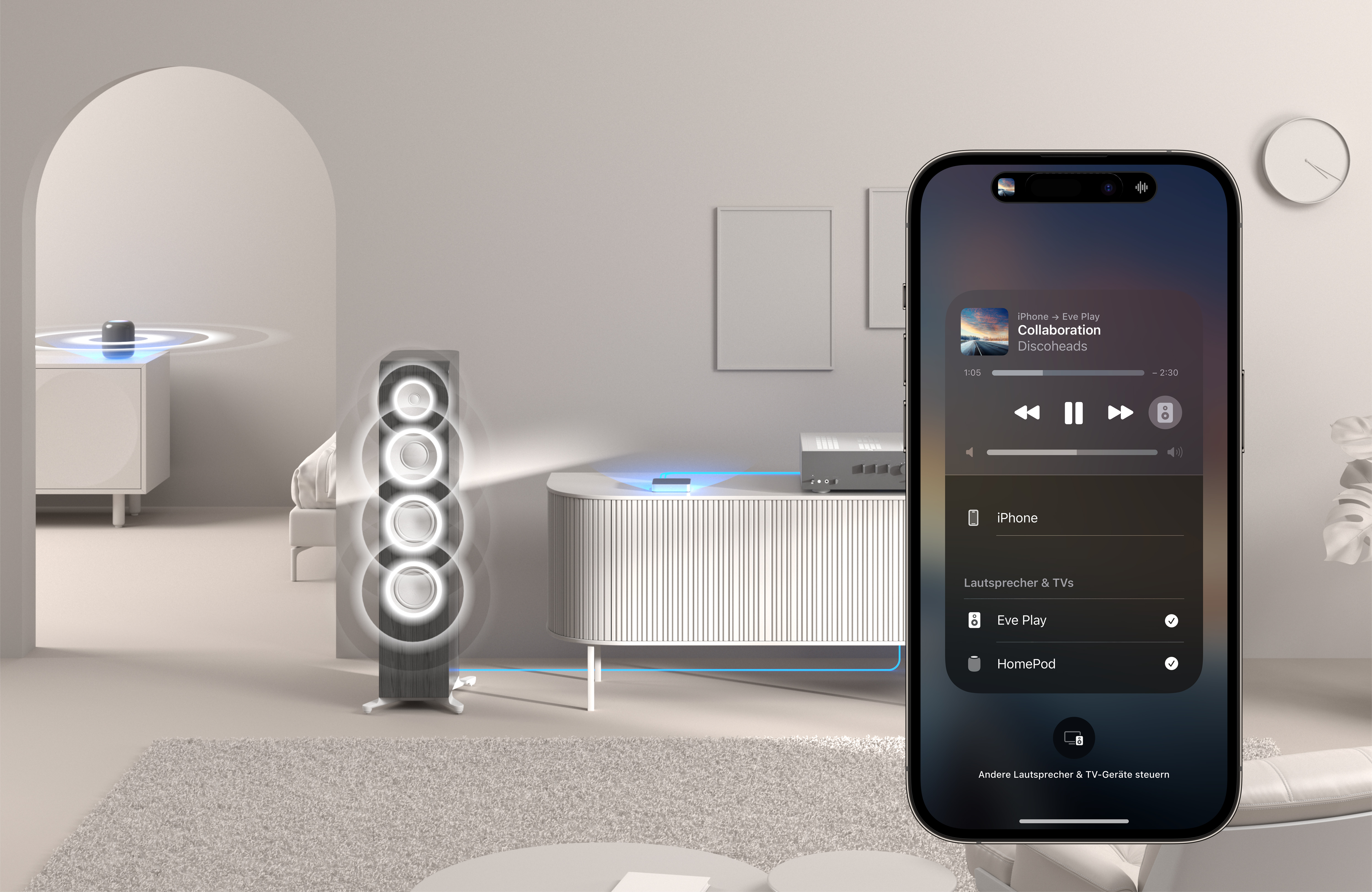 Ein Smart-Home-Setup mit Lautsprecher, Fernseher, Telefon und modernem Wohnzimmer.