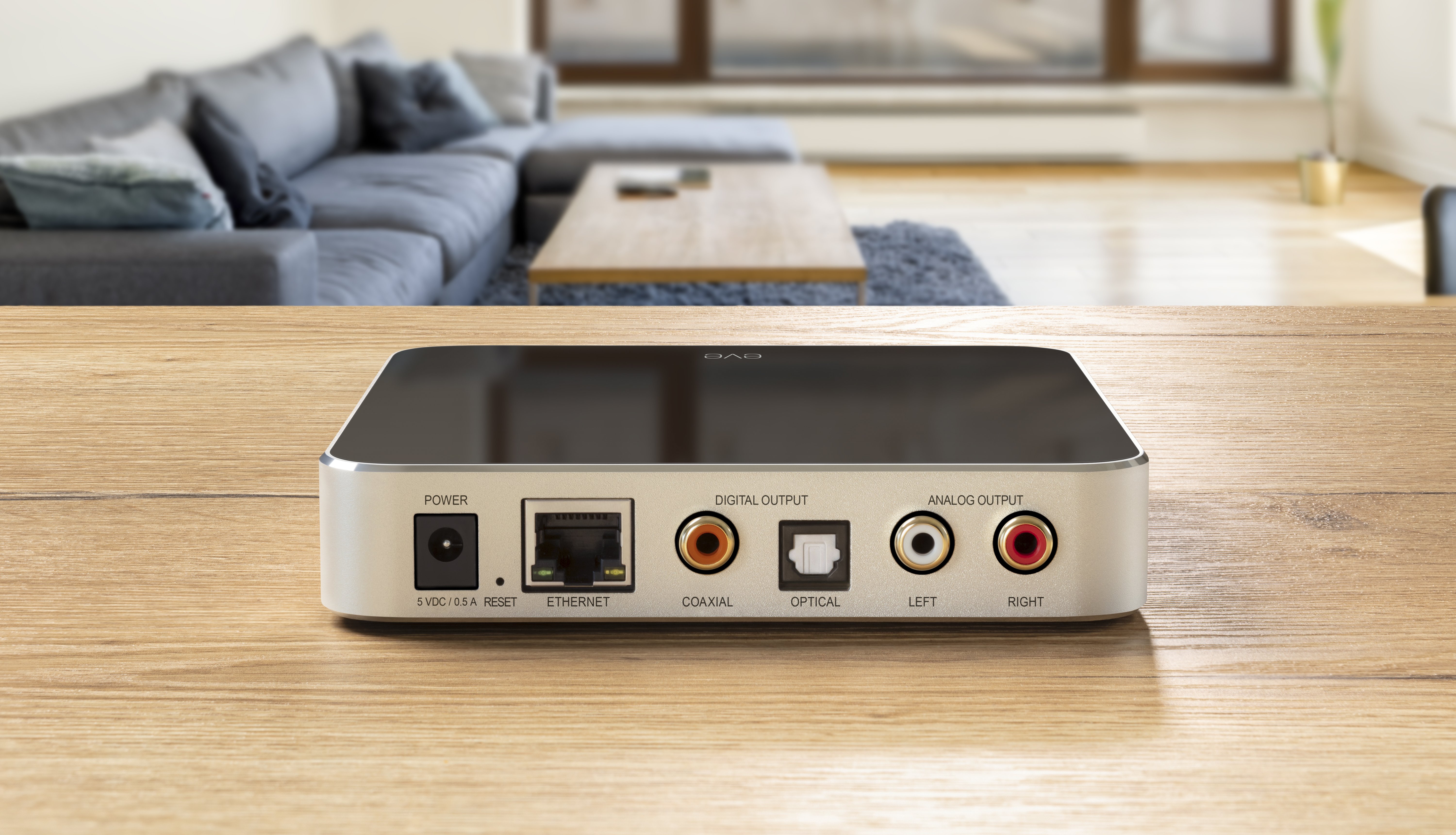 Ein DAB-Lautsprecher auf einem Holztisch. Rückseite mit Anschlüssen. Strom, Ethernet und mehr.
