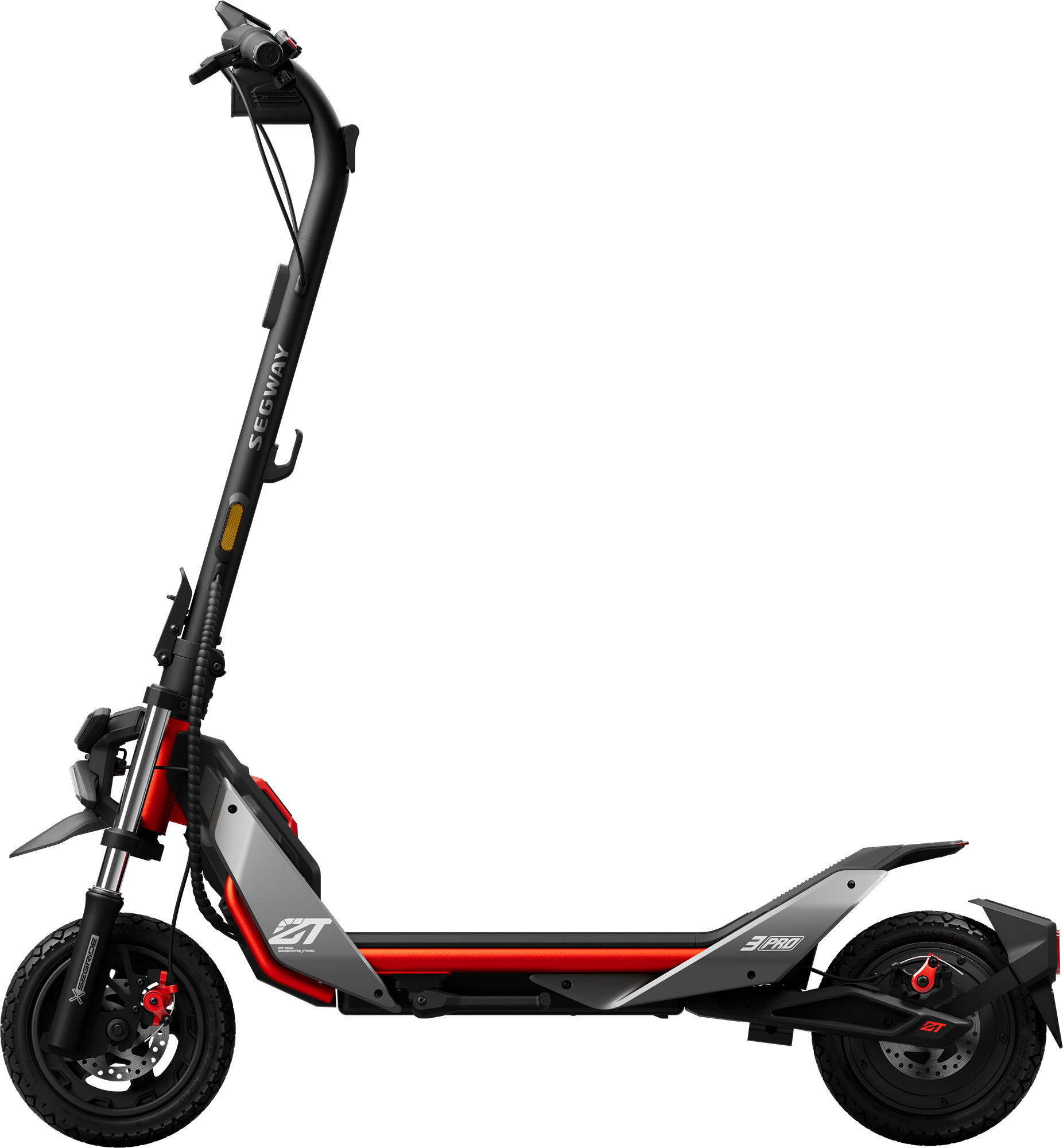 Fekete-piros Segway e-robogó, balra dőlve. Piros váza van, fekete háttéren.