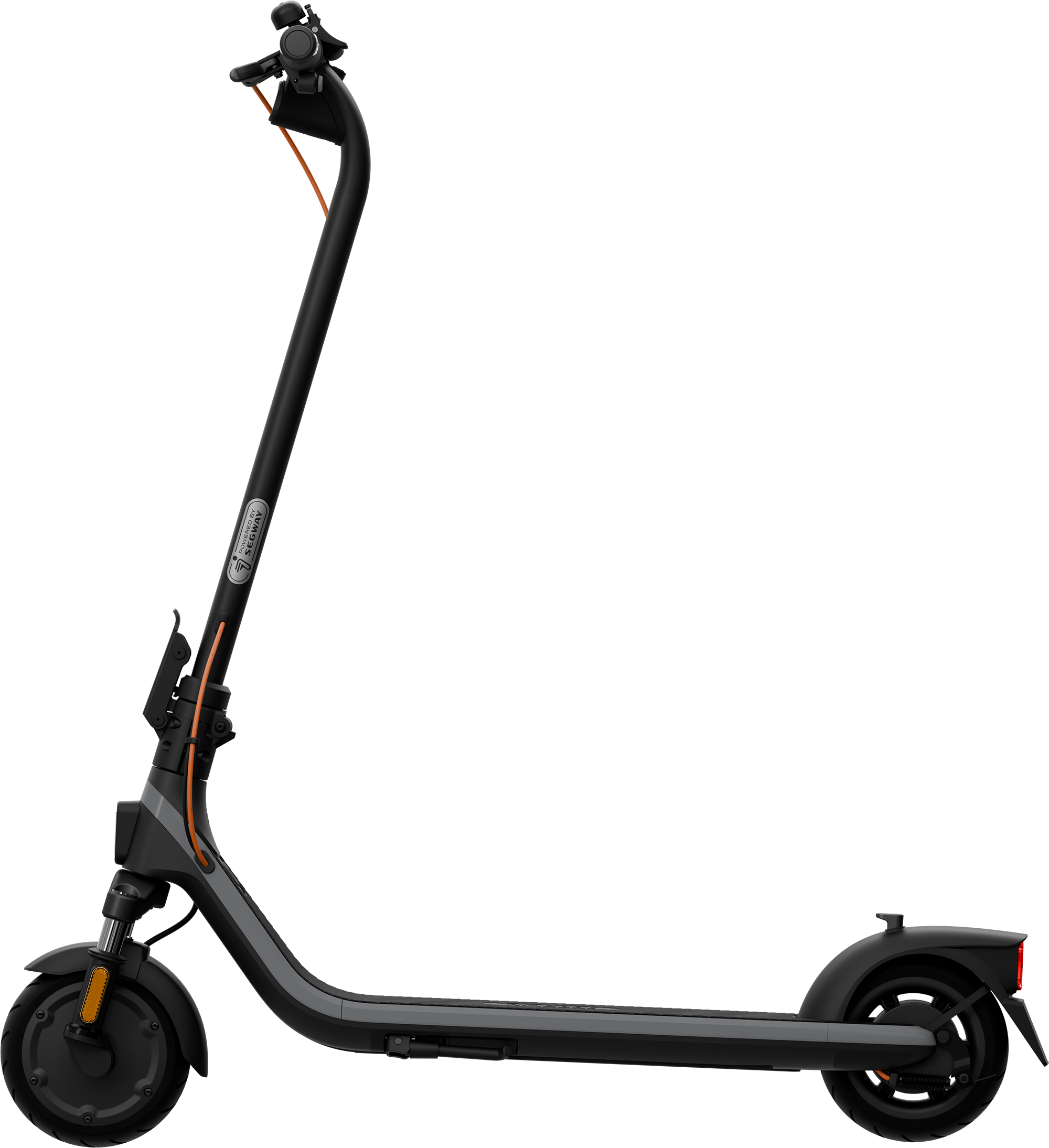 Fekete-szürke elektromos robogó, narancssárga kábellel és lámpákkal.