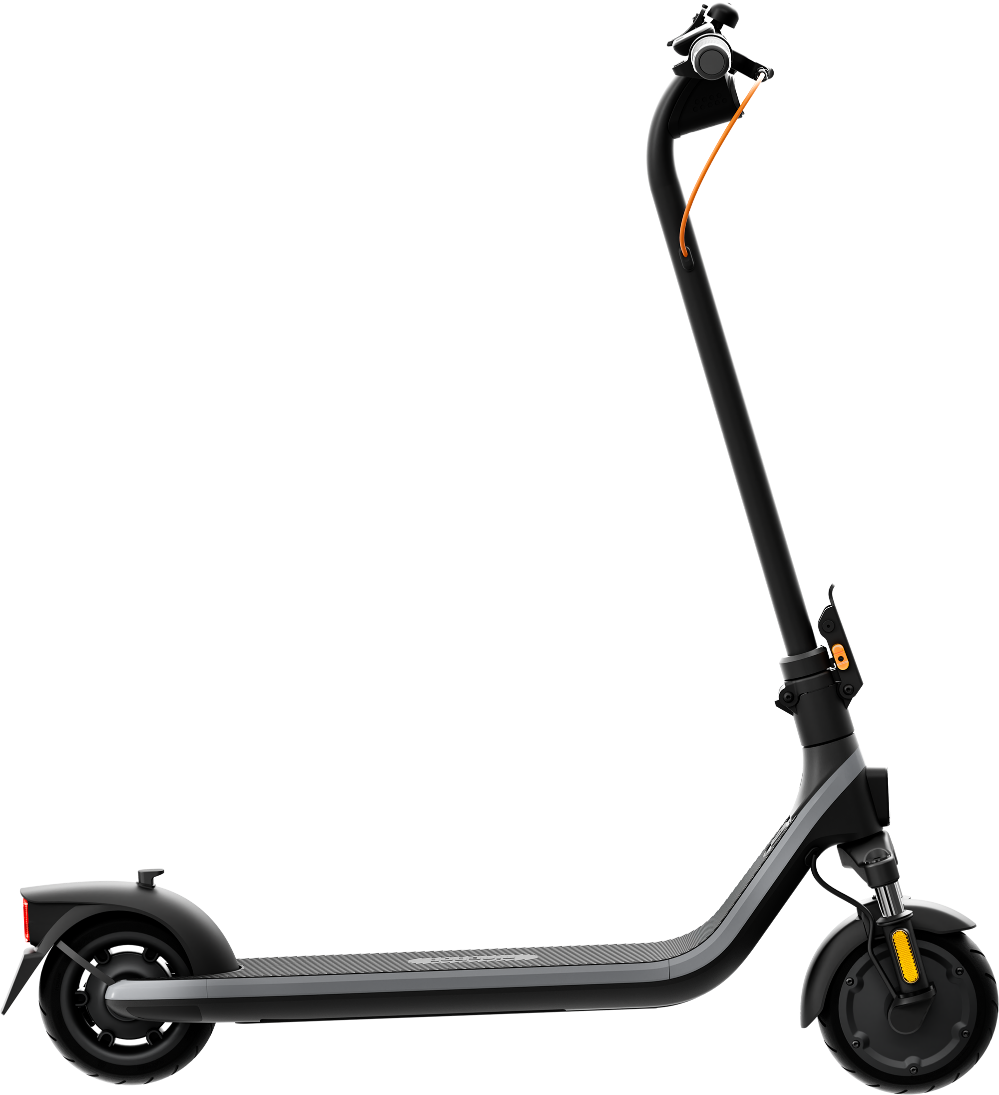 Fekete elektromos roller narancssárga kábellel és hátsó reflektorral, feketén izolálva.