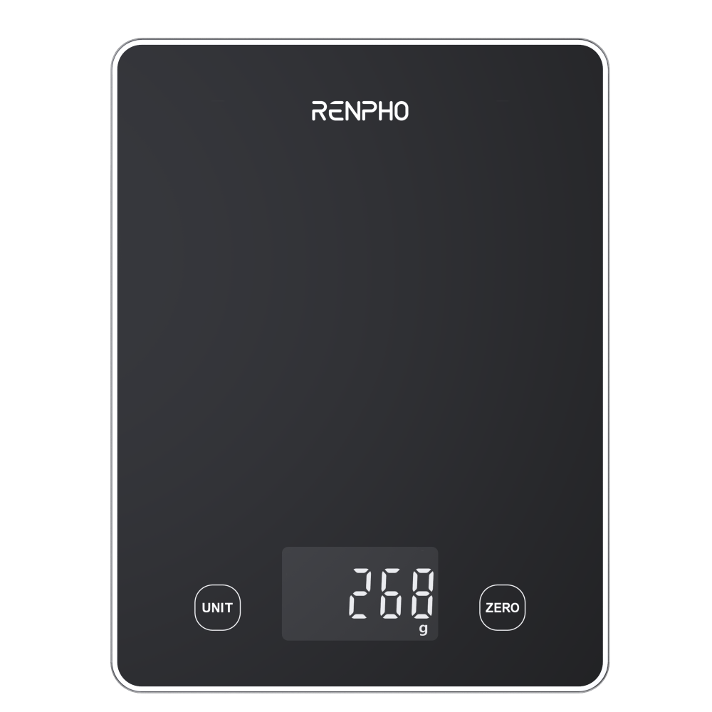 Schwarze Renpho-Waage mit Digitalanzeige zeigt 268g. Mit 'UNIT'- und 'ZERO'-Tasten.
