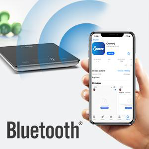 Eine Bluetooth-fähige Waage mit einem Telefon, das eine App zeigt.