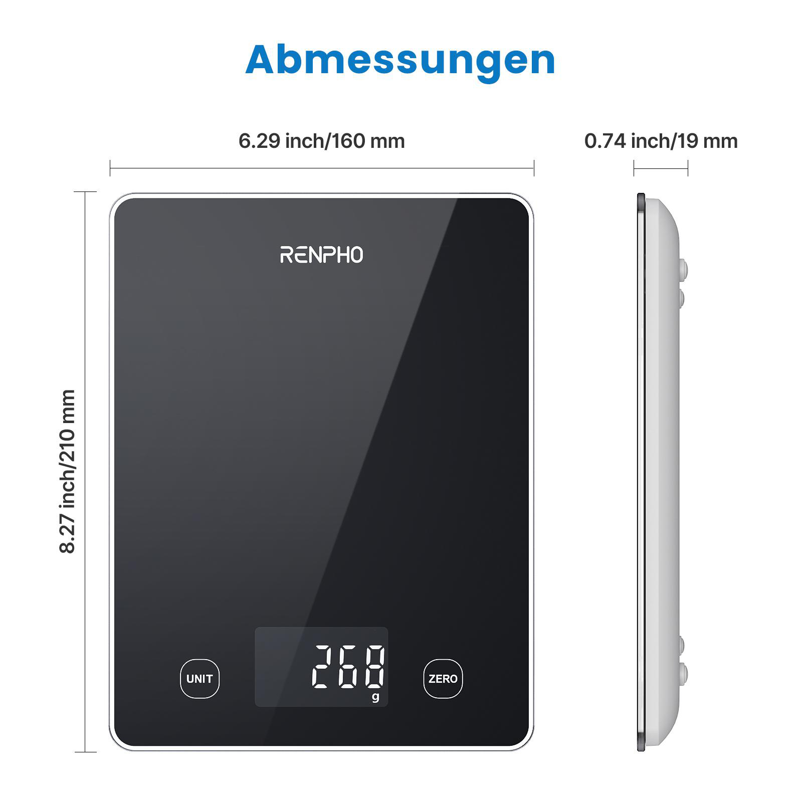 Schwarz-weiße digitale Küchenwaage mit Maßangaben.