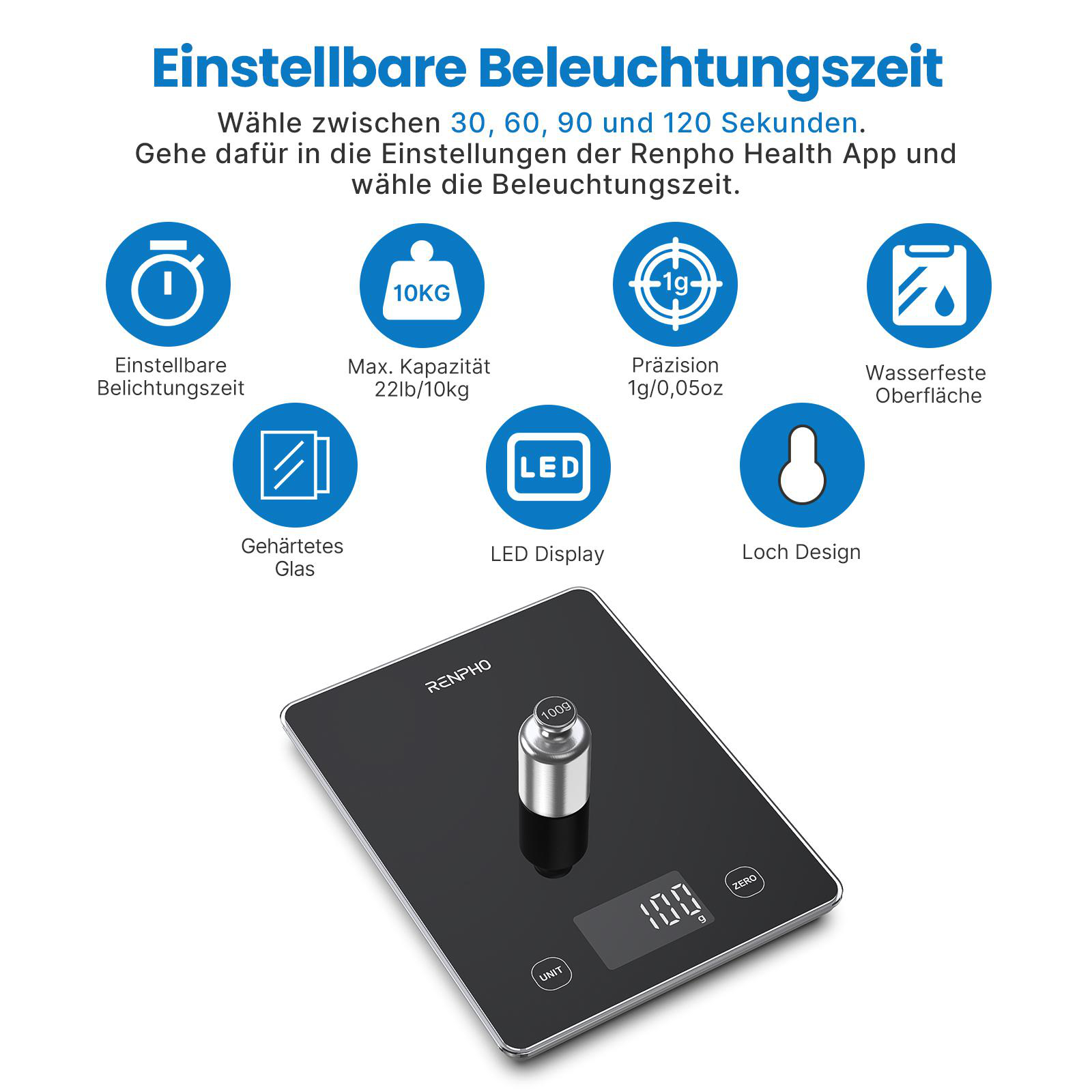 Waage mit silbernem Gewicht, Icons zeigen Funktionen wie Wasserfestigkeit.